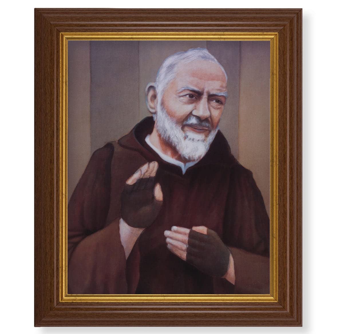 St. Pio Framed Wall Art - Large Traditional Dark Walnut Fluted Frame with Gold Beaded Edge - Catholic Home Decor & Religious Gift for Living Room, Bedroom, or Prayer Space
