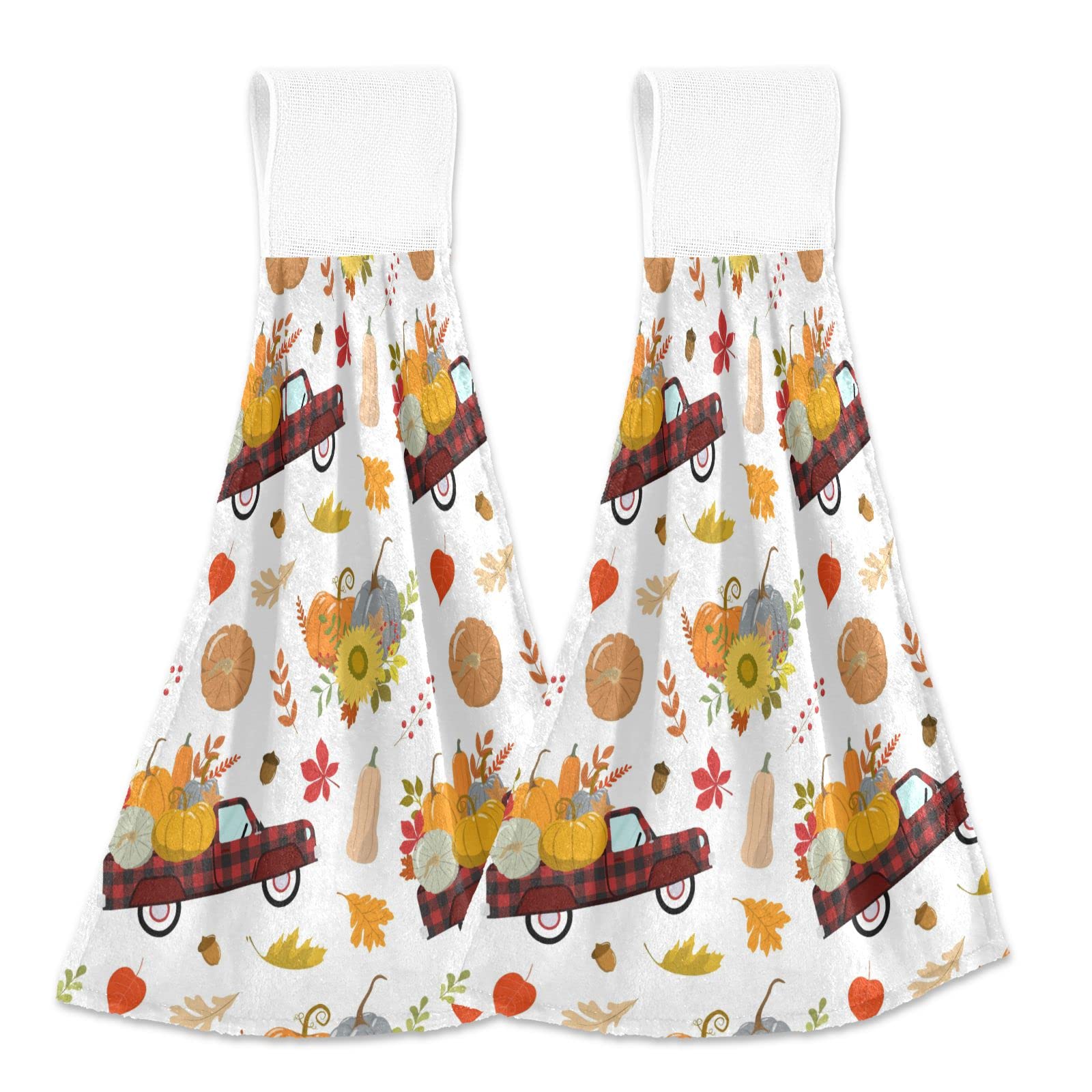 Autumn Harvest Truck Kitchen Hanging Hand Towels - 2 Pack Absorbent Pumpkin Sunflower Leaf Design Cotton Towels with Loops for Bathroom, Kitchen & Home Decor | Perfect for Fall Seasonal Decor and Farmhouse Style Homes