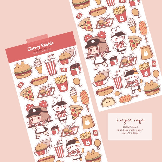 Burger Cafe Sticker Sheet - Waterproof Vinyl Decals for Laptops, Water Bottles & DIY Crafts - Perfect for Food Lovers & Kawaii Aesthetic