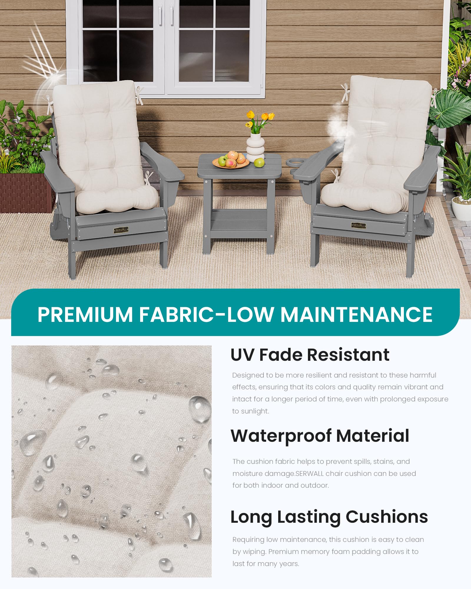SERWALL Adirondack Chair Cushion Set of 4 - Memory Foam Seat & Back Cushions (Beige) - Outdoor Patio Furniture Cushions for Garden, Deck, Poolside & Porch Relaxation