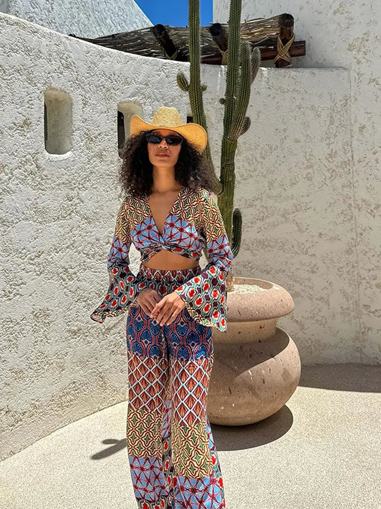Vintage Floral Print Long Flare Sleeve Crop Top & Wide Leg Pants Set for Women - Elegant V Neck Blouse with Elastic Waist Trousers Outfit | Office Wear, Party, Date Night, Casual Chic Fashion