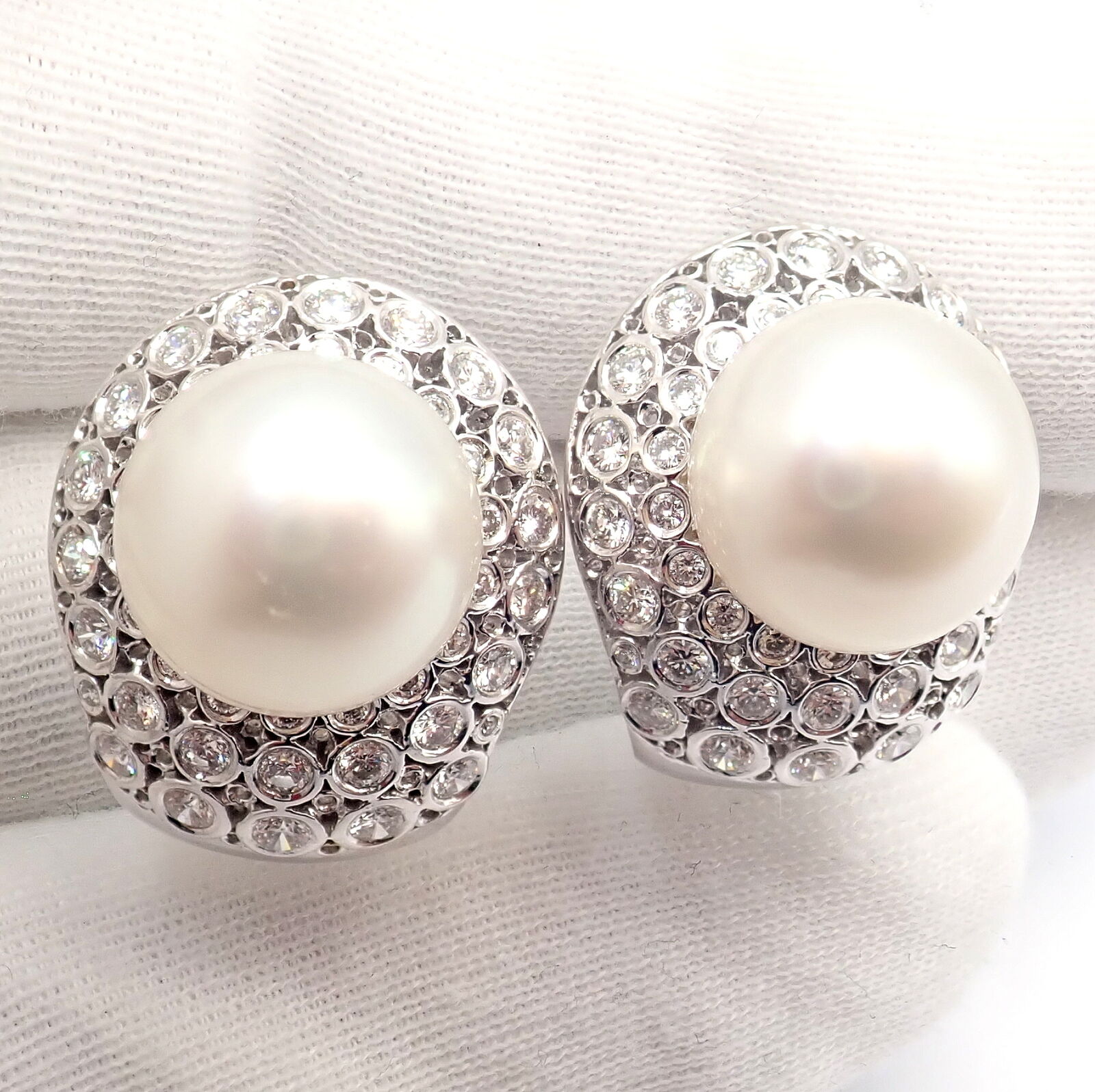 Vintage 18K White Gold Diamond & 13mm Pearl Earrings for Women - Elegant Pearl Jewelry for Weddings, Parties & Special Occasions