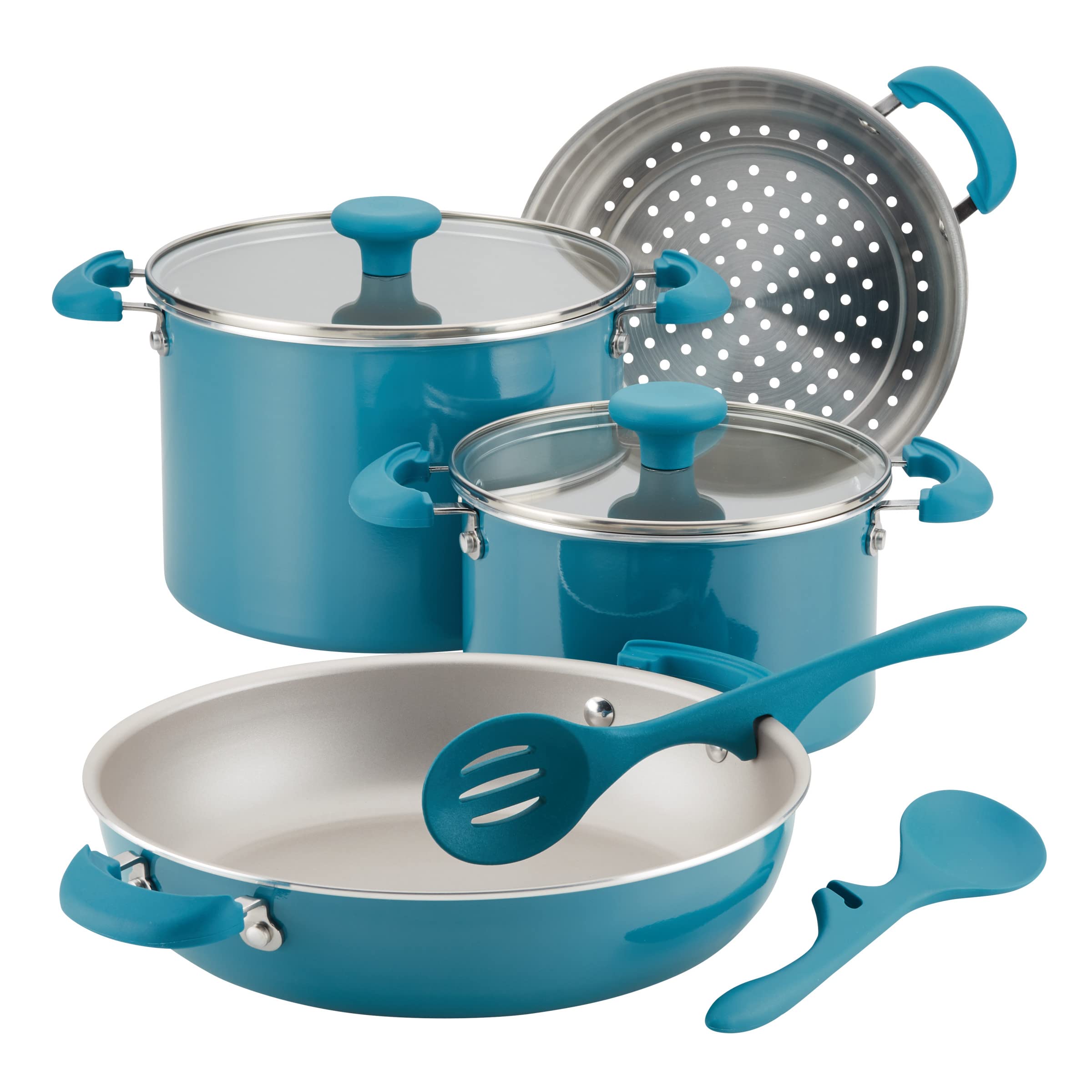 Rachael Ray Nonstick Cookware Set, 8-Piece Stackable Pots and Pans - Turquoise | Durable & Easy Clean for Everyday Cooking, Baking & Meal Prep