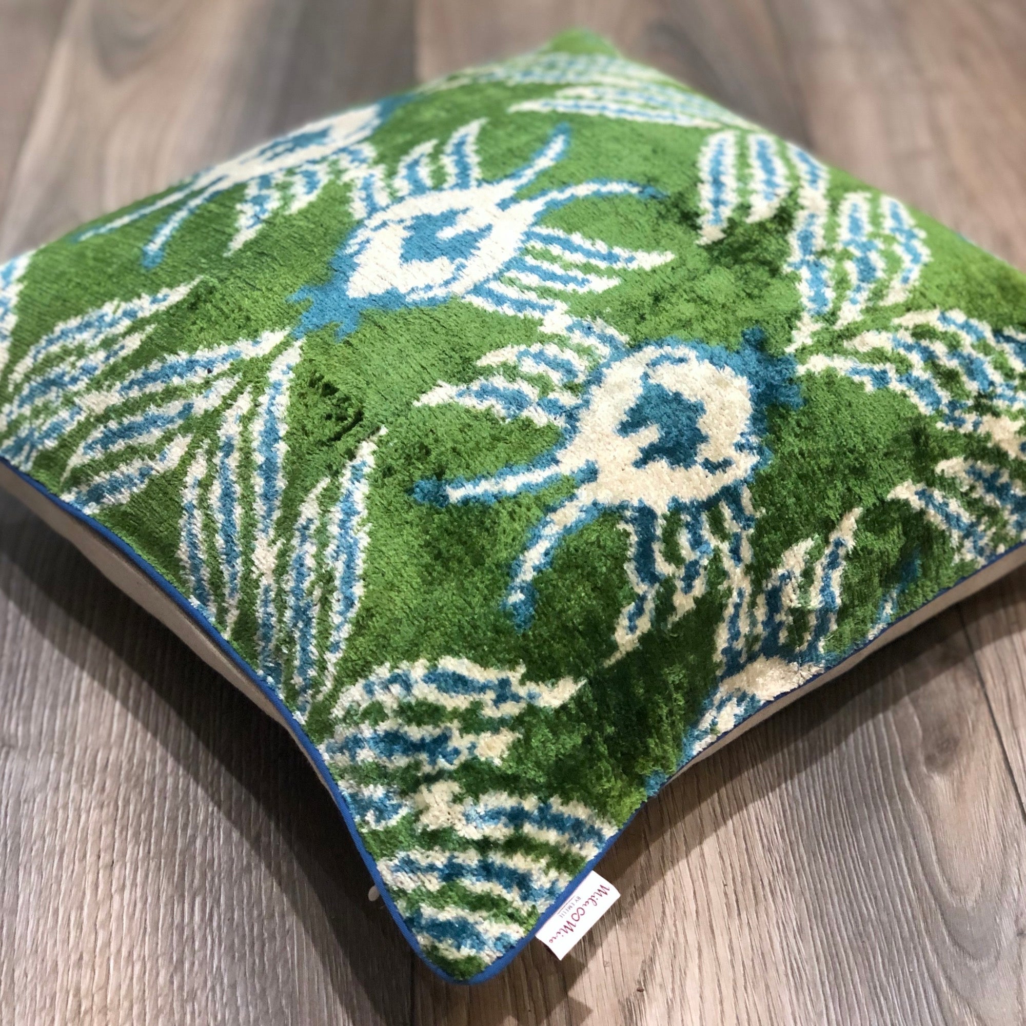 Velvet Ikat Cushion Cover Green Planet - Bohemian Decorative Throw Pillow Case for Sofa, Bed, Chair - Home Decor, Living Room, Bedroom Accessories