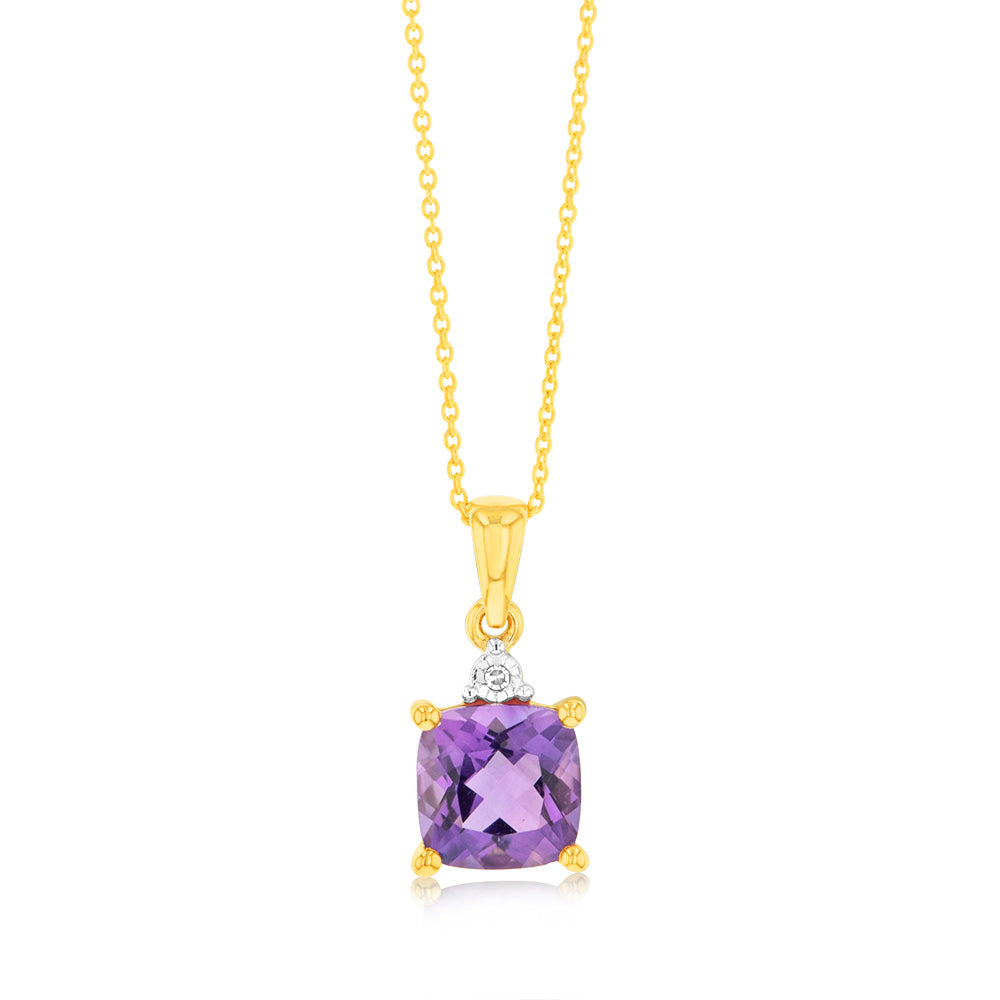9ct Yellow Gold 1.4ct Amethyst and Diamond Pendant Necklace for Women - Elegant Purple Gemstone Jewelry Gift for Birthday, Anniversary & Valentine's Day