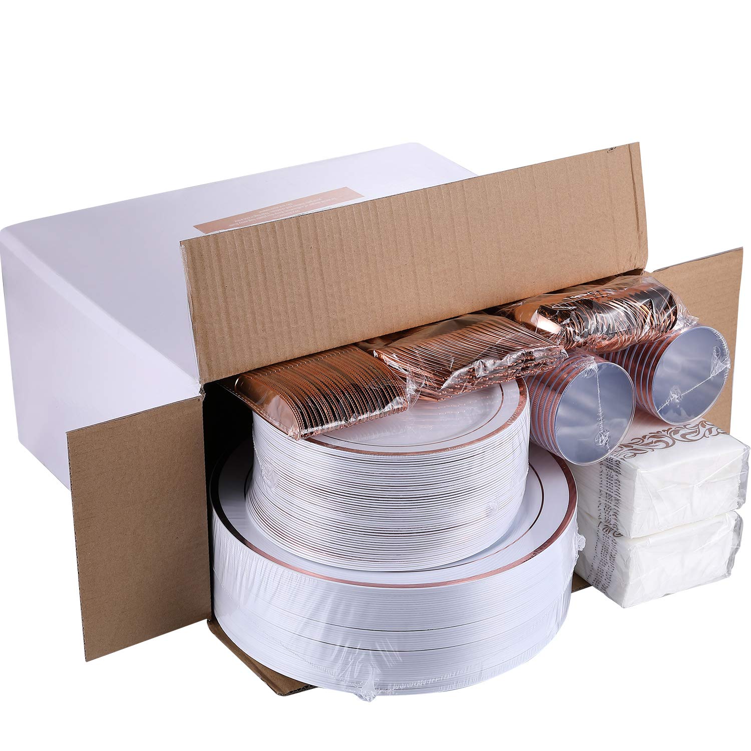 FOCUSLINE 350-Piece Rose Gold Dinnerware Set for 50 Guests - Heavy Duty Disposable Plastic Plates with White & Rose Gold Rim - Includes 50 Dinner Plates, 50 Dessert Plates, 50 Cups, 50 Napkins & 50-Piece Silverware Set - Perfect for Weddings, Parties, Catering & Special Events
