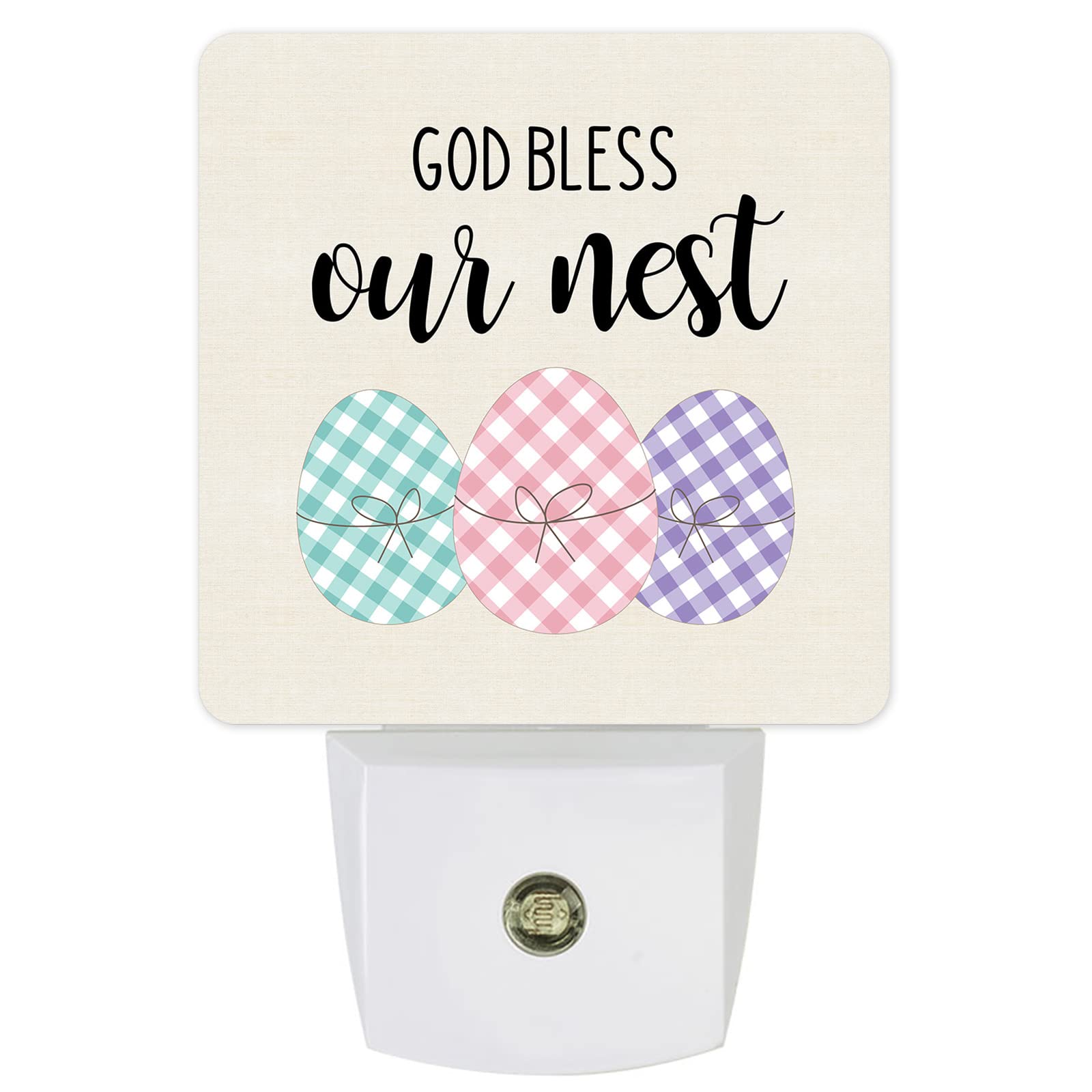 LED Night Light Plug in with Auto Sensor - Colorful Plaid Easter Egg Design, Gods Bless Our Nest Square Dim Light for Kids - Perfect for Bedroom, Bathroom, Kitchen & Hallway Safety Lighting Decor