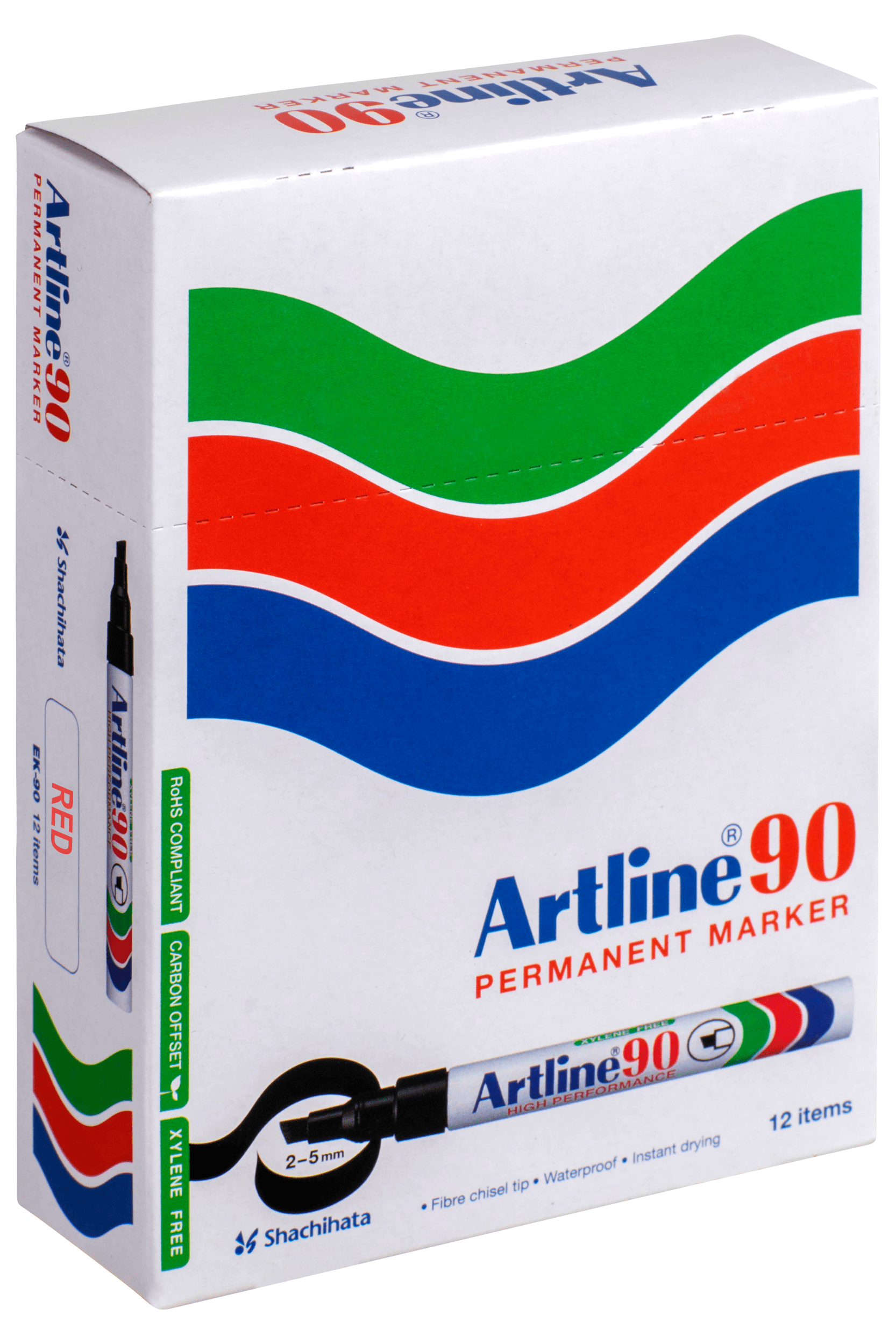 Artline 90 Permanent Marker - 5mm Chisel Tip, Bold Red Ink, Pack of 12 - Ideal for Labeling, Crafting, and Office Use