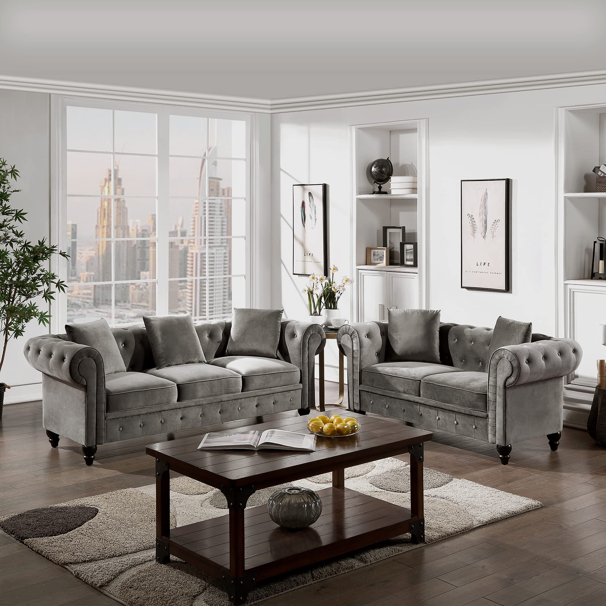 2-Piece Chesterfield Sofa Set - Button Tufted Velvet Upholstered Loveseat & 3-Seater Sofa with Rolled Arms, Wooden Legs & 5 Decorative Pillows (Gray) - Classic Living Room Furniture for Home, Office, or Lounge