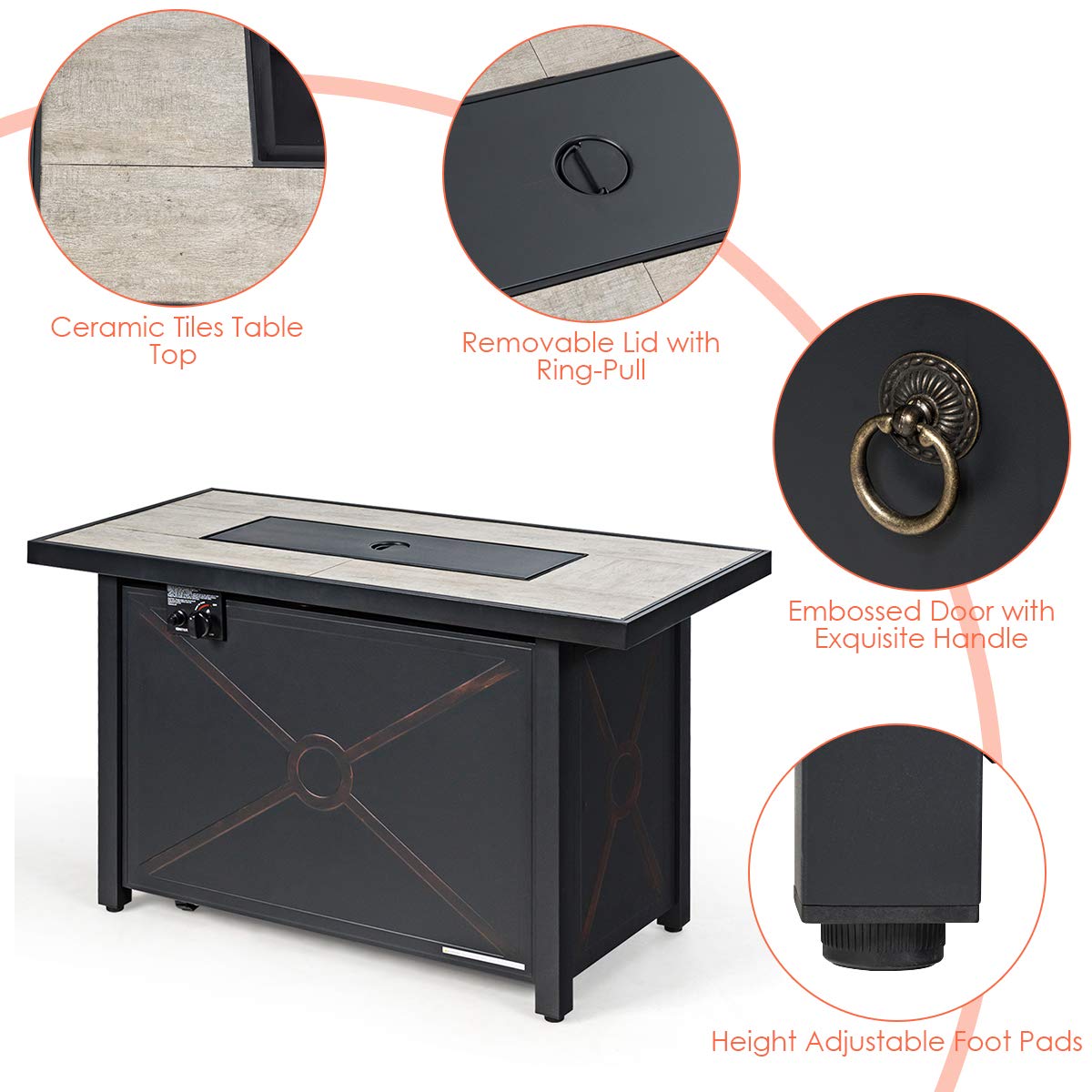 42 Inch Giantex Rectangular Propane Fire Pit Table with Ceramic Tabletop - 60,000 BTU Outdoor Gas Heater with Electronic Ignition, Lava Rocks, Waterproof Cover & Table Cover - Perfect for Patio, Backyard, Deck & Outdoor Gatherings