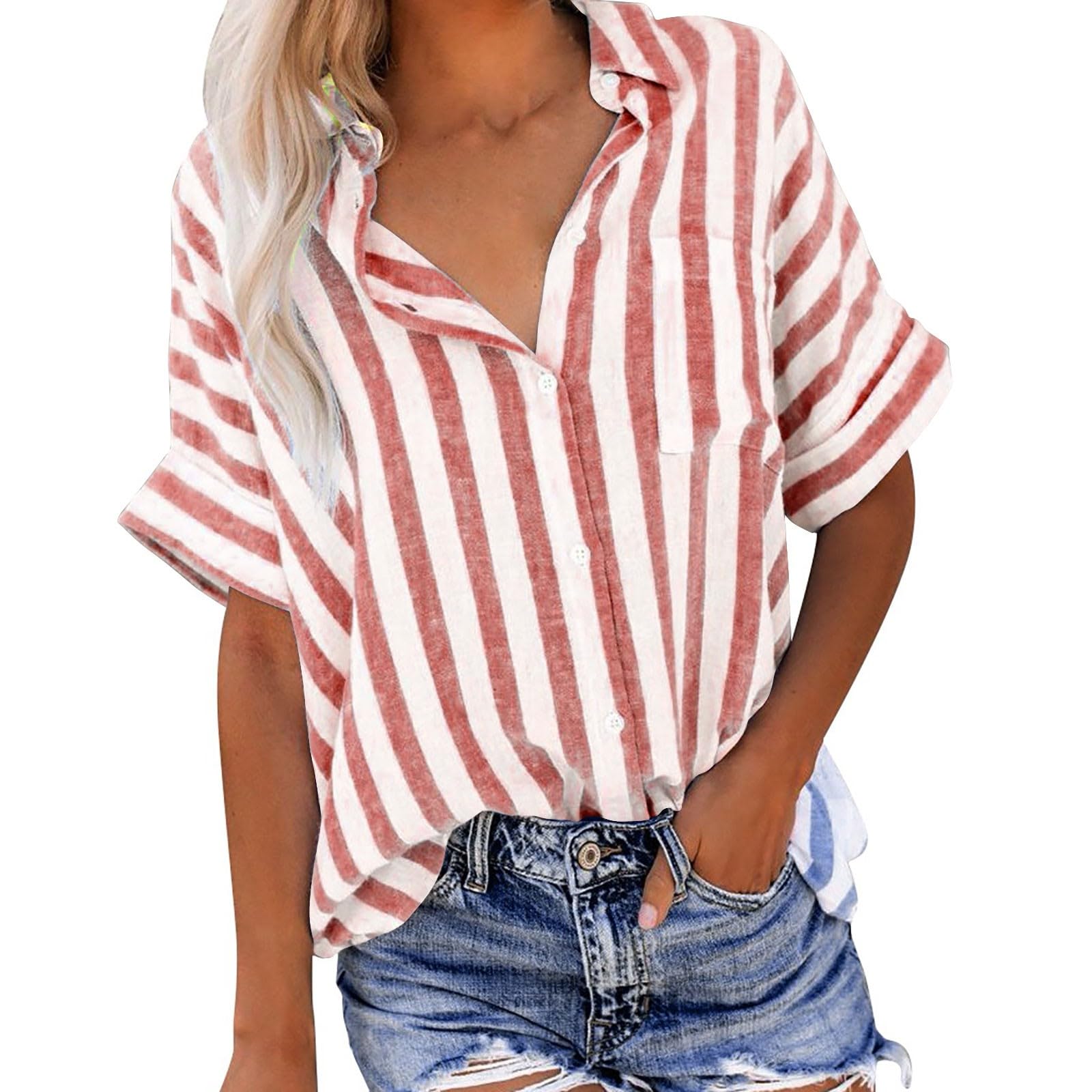 Zcgoxvn Women's Linen Short Sleeve Shirt - Striped Loose Fit Blouse, Casual & Dressy T-Shirt, Trendy Cute Fall Top for Work, Date Night & Weekend Outings