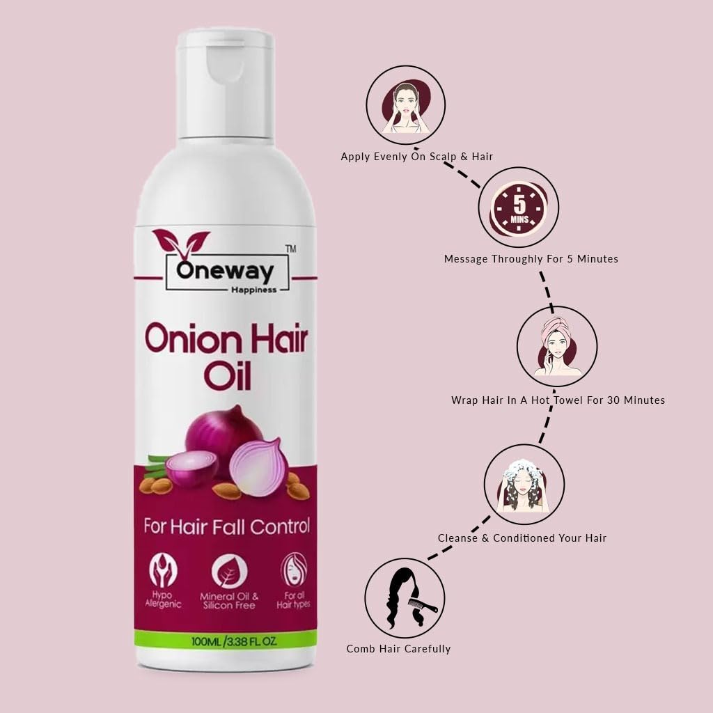 Oneway Happiness Onion Hair Oil for Hair Growth & Hair Fall Control - 100mL | 28 Natural Oils Blend | Non-Sticky Hair Growth Oil for Men & Women | Promotes Thicker, Stronger Hair | Perfect for Daily Scalp Massage & Nourishment