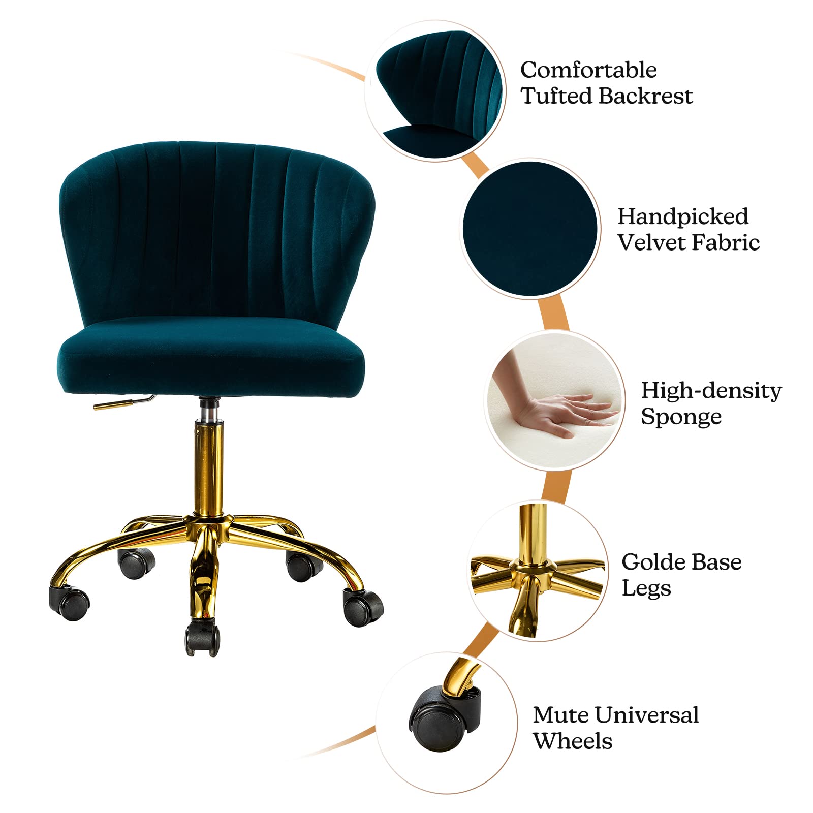 TINA'S HOME Modern Velvet Office Chair with Wheels - Adjustable Low Back Swivel Rolling Task Chair, Gold Base Armless Desk Chair for Home Office, Living Room, Vanity & Study (Teal Blue) | Ergonomic Comfort for Work & Relaxation