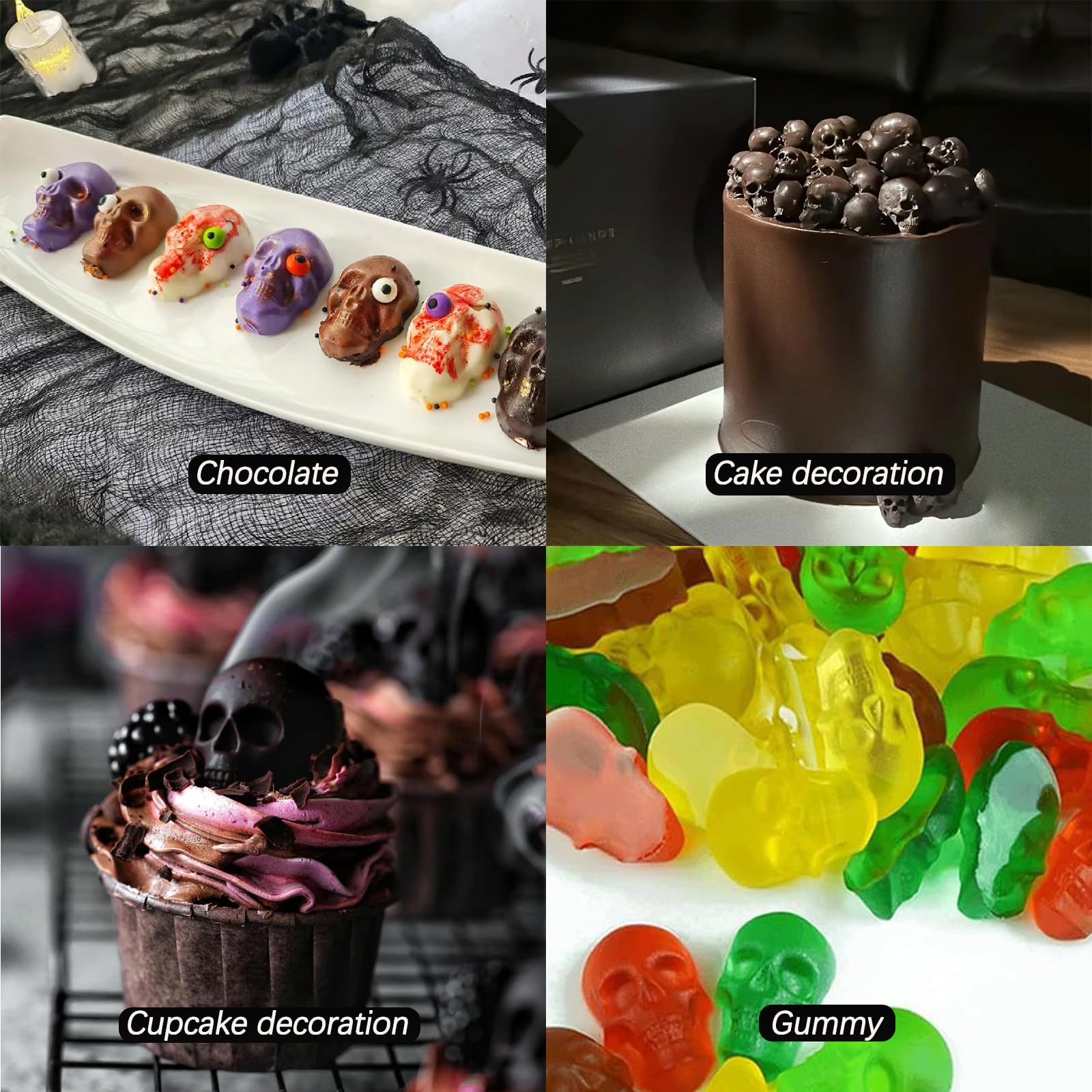 4 Pack Skull Silicone Molds - 200 Cavities Halloween Chocolate Candy Molds for Baking, Fondant, Ice Cubes & Dog Treats - Perfect for Cupcakes, Halloween Party Decorations & DIY Treats (Brown)
