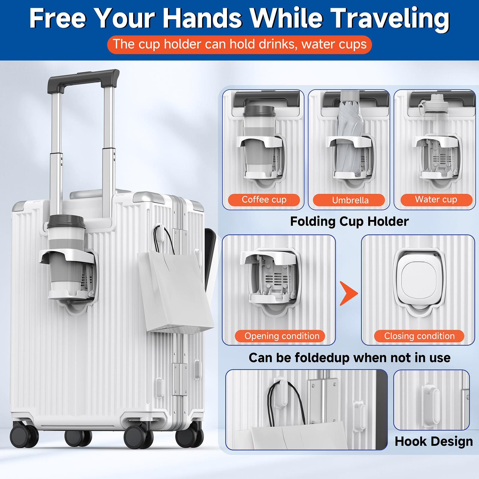 TSA Approved 22x14x9 Inch Carry On Luggage with 360° Spinner Wheels - Aluminum Frame Business Suitcase with Laptop Compartment & Cup Holder, Flexible Handle for Air Travel (White) - Perfect for Business Trips & Weekend Getaways