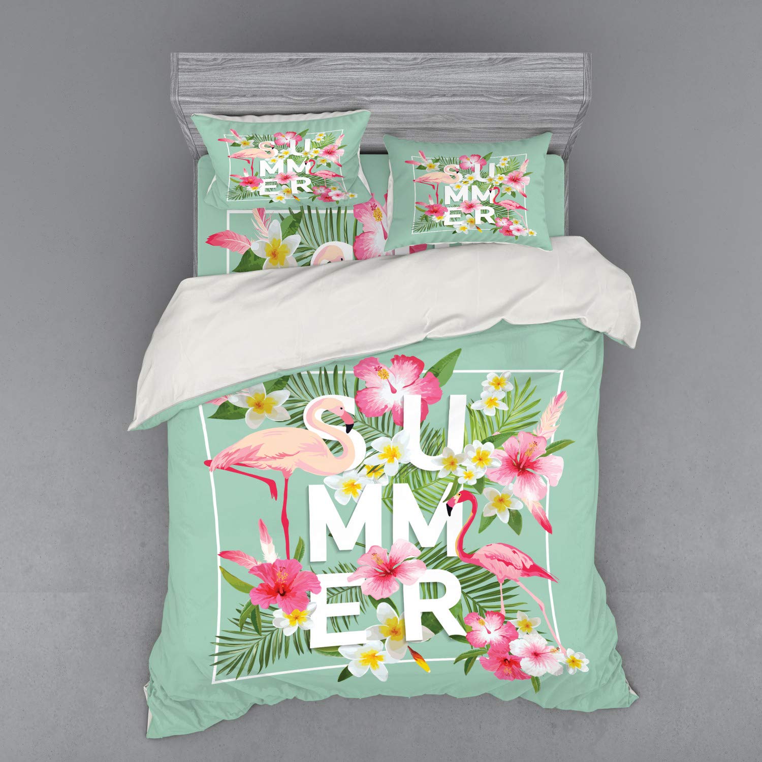 Ambesonne Floral Duvet Cover Set - Tropical Flower & Flamingo Print 4-Piece Bedding Set with Shams & Fitted Sheet, California King Size, Mint Green & Pink - Perfect for Bohemian Bedroom Decor, Tropical Themed Guest Room, or Romantic Wedding Suite