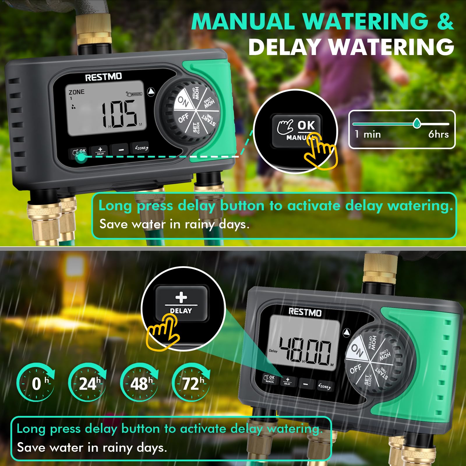 RESTMO 4-Outlet Sprinkler Timer with Brass Inlet - 4 Zone Programmable Water Timer for Garden Hose | Automatic Digital Control, Manual ON/Off & Rain Delay | Perfect for Outdoor Faucet, Drip Irrigation, Lawn & Garden Watering System