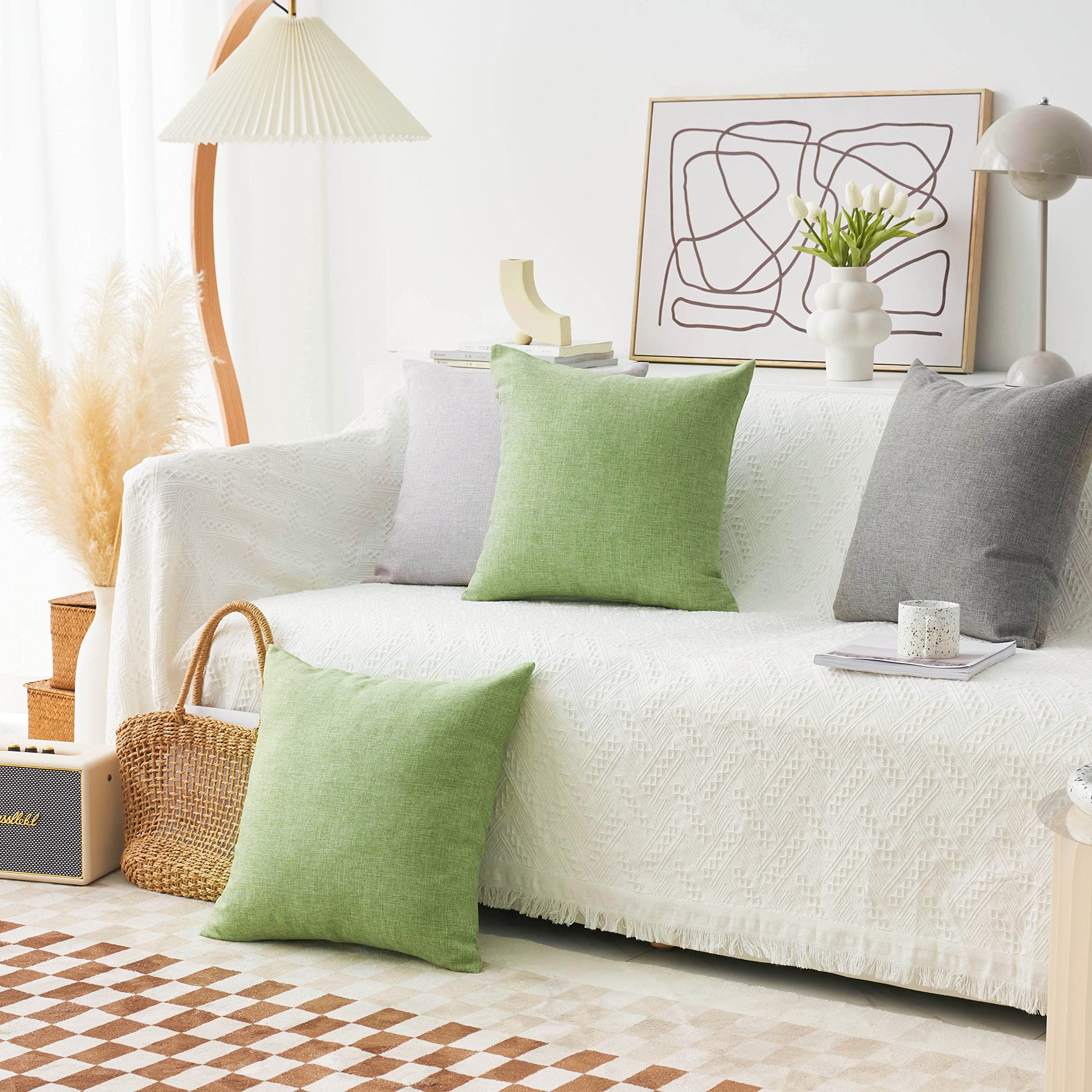 Linen Textured Decorative Pillow Covers 18x18 Inches - Set of 4 Sage Green Burlap Sofa Cushion Slipcovers for Living Room, Bed & Couch - Spring Home Decor for Cozy Indoor Spaces