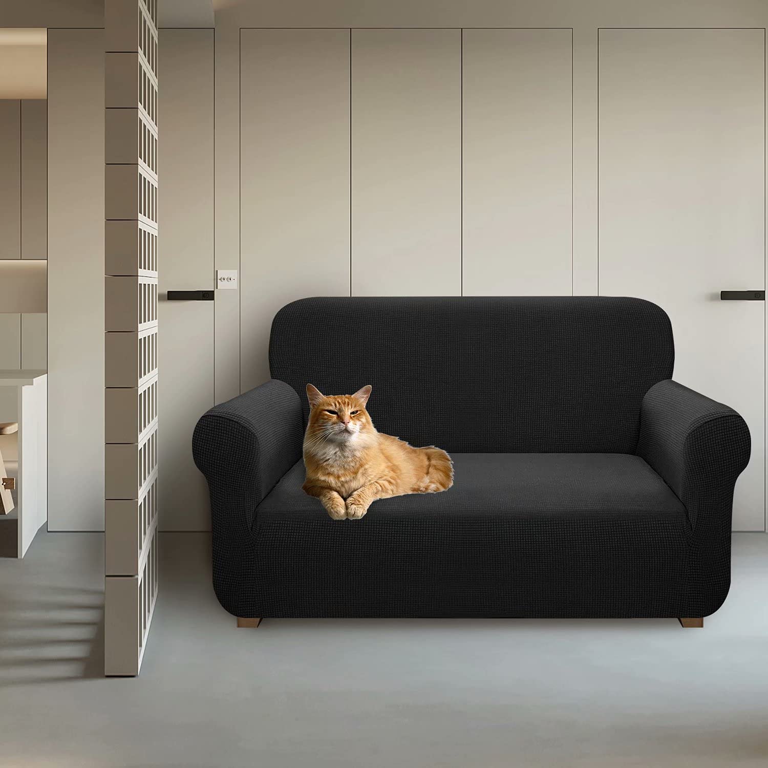 Premium Waterproof Stretch Sofa Cover for Loveseat & Couch - Super Soft Washable Furniture Protector for Pets (Medium, Black) | Pet-Friendly Home Decor & Living Room Protection for Dogs & Cats