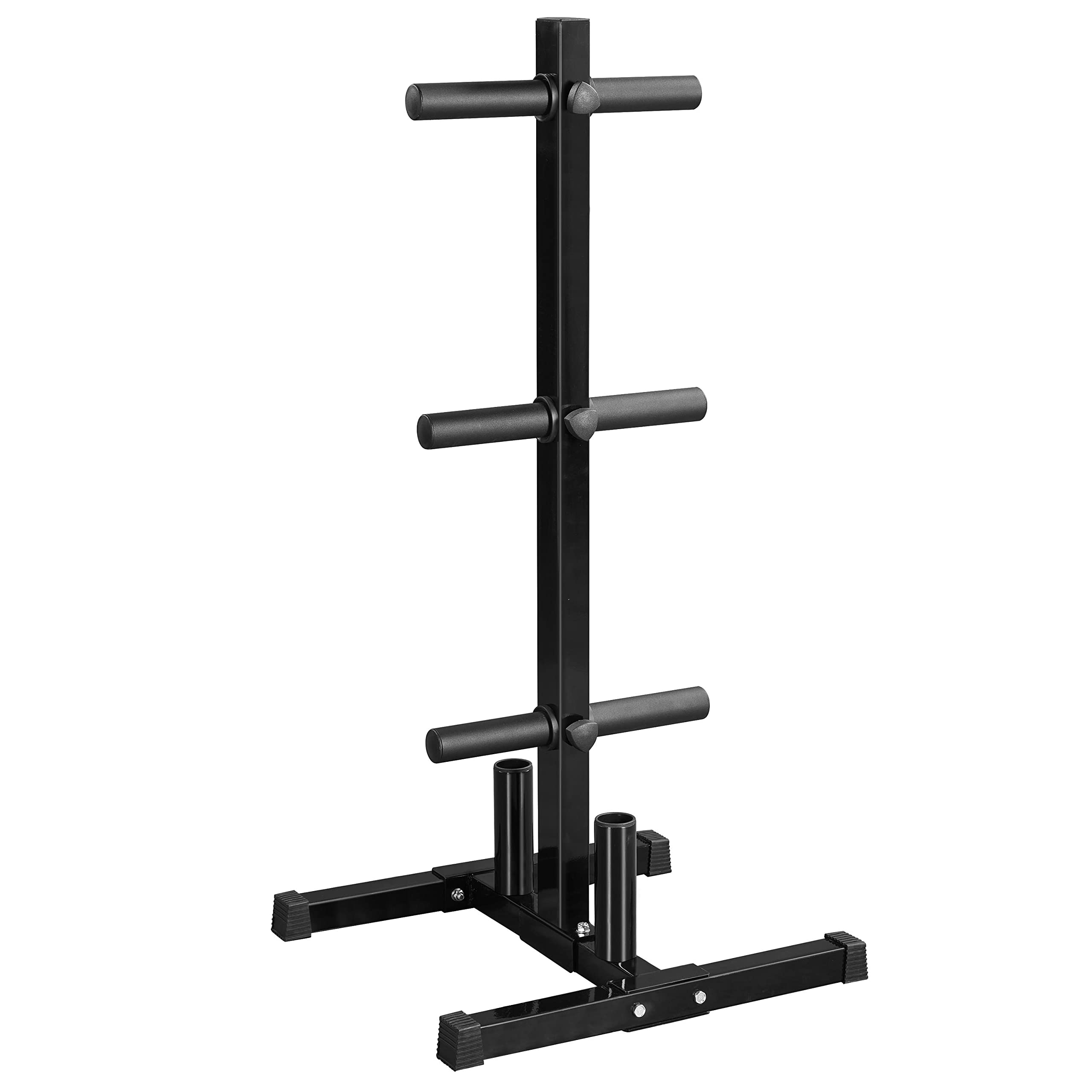 Topeakmart Olympic Weight Plate Tree Rack - Heavy Duty Bumper Plate Holder with 2 Barbell Storage - Perfect for Home Gym & CrossFit Training - Black
