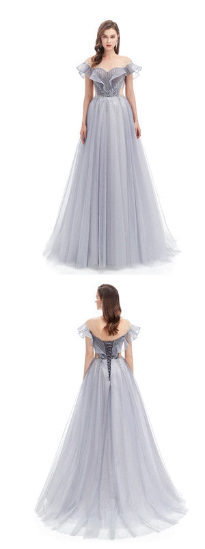 Elegant Grey A-Line Short Sleeve Off-Shoulder Long Prom Dress for Women - Perfect for Homecoming, Formal Events & Evening Parties