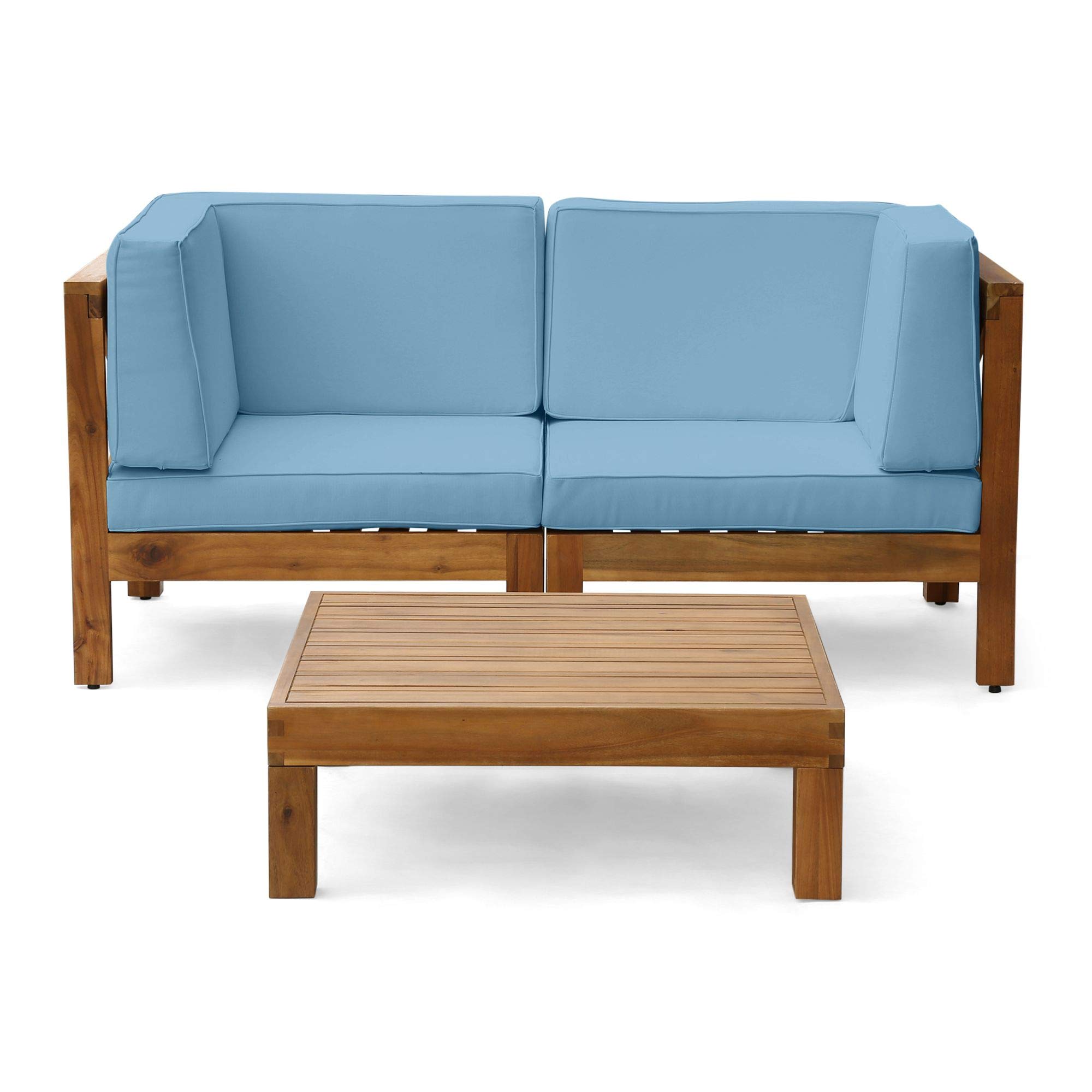 3-Piece Teak Brown Contemporary Outdoor Patio Furniture Set with Blue Cushions - Perfect for Garden, Deck, Poolside & Backyard Relaxation