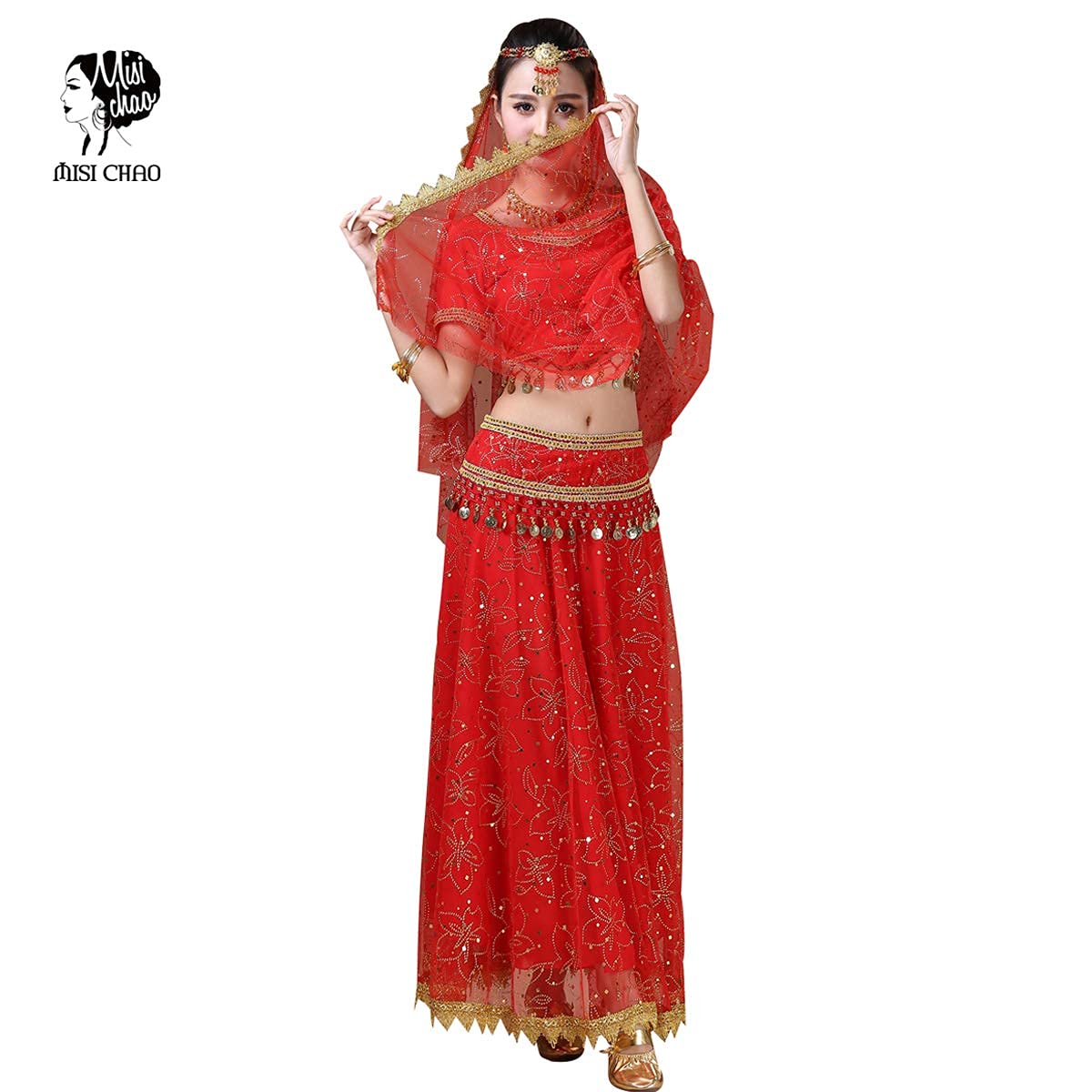 Elegant MISI CHAO Belly Dance Costume - Bollywood Chiffon Dress with Head Veil for Women | Perfect for Halloween, Dance Performances & Cultural Events