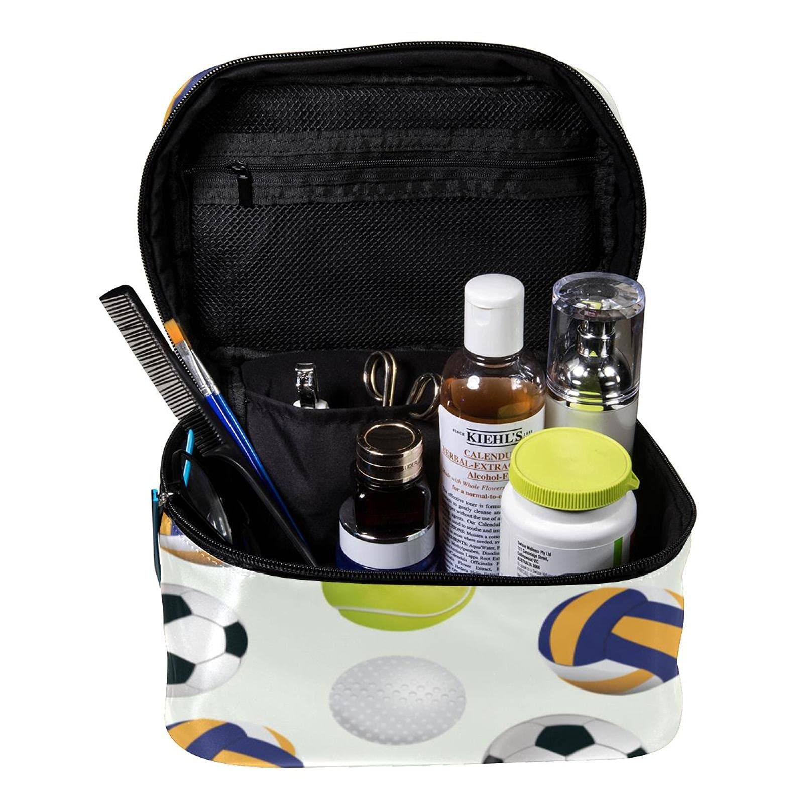 **Sport Balls Pattern Large Travel Makeup Bag – Waterproof Cosmetic Organizer with Zipper, Toiletry Pouch for Women & Girls – Perfect for Gym, Travel, and Daily Use**