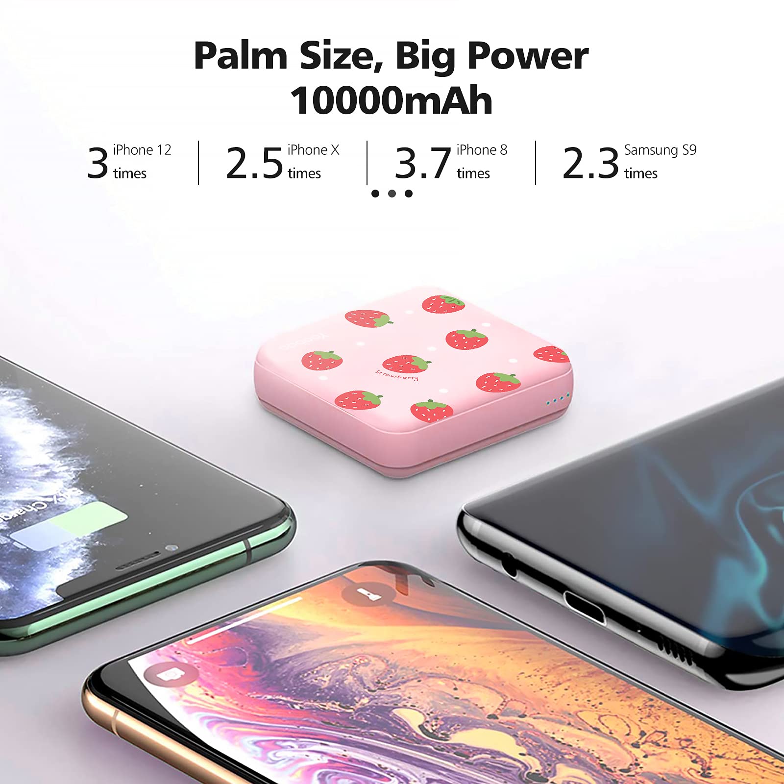 Yoobao 10000mAh Portable Charger - Ultra Slim Power Bank for Women, Kids & Travel | 5V/2.1A Fast Charging | Dual USB Ports | Compact Phone Charger for iPhone 14/13, iPad, Samsung, LG | Perfect for School, Work & Outdoor Adventures (Strawberry Pink)