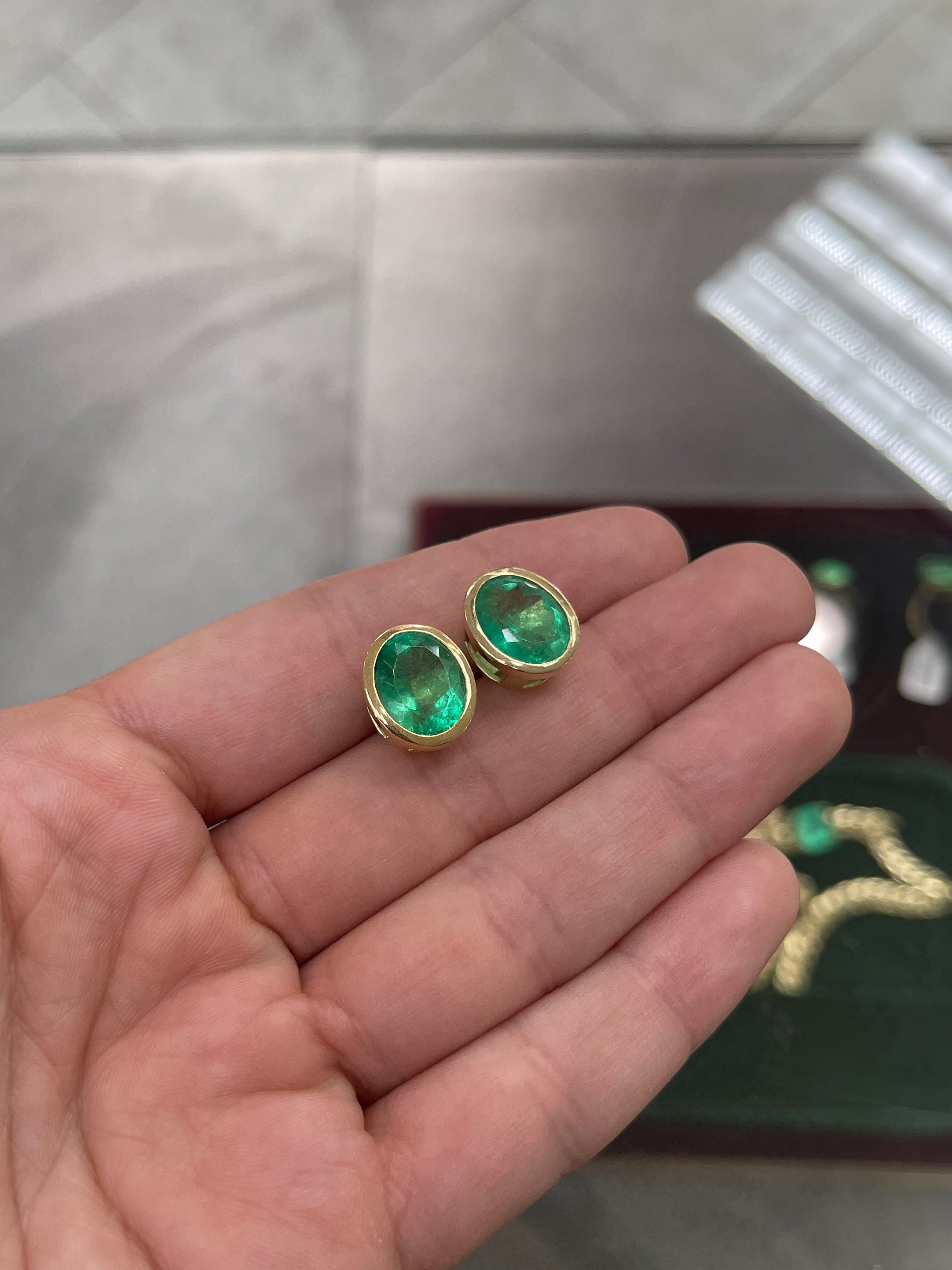 10.45tcw Colombian Emerald Oval Cut Bezel Set Earrings in 14K Gold - Vintage Heirloom Jewelry for Weddings & Special Occasions