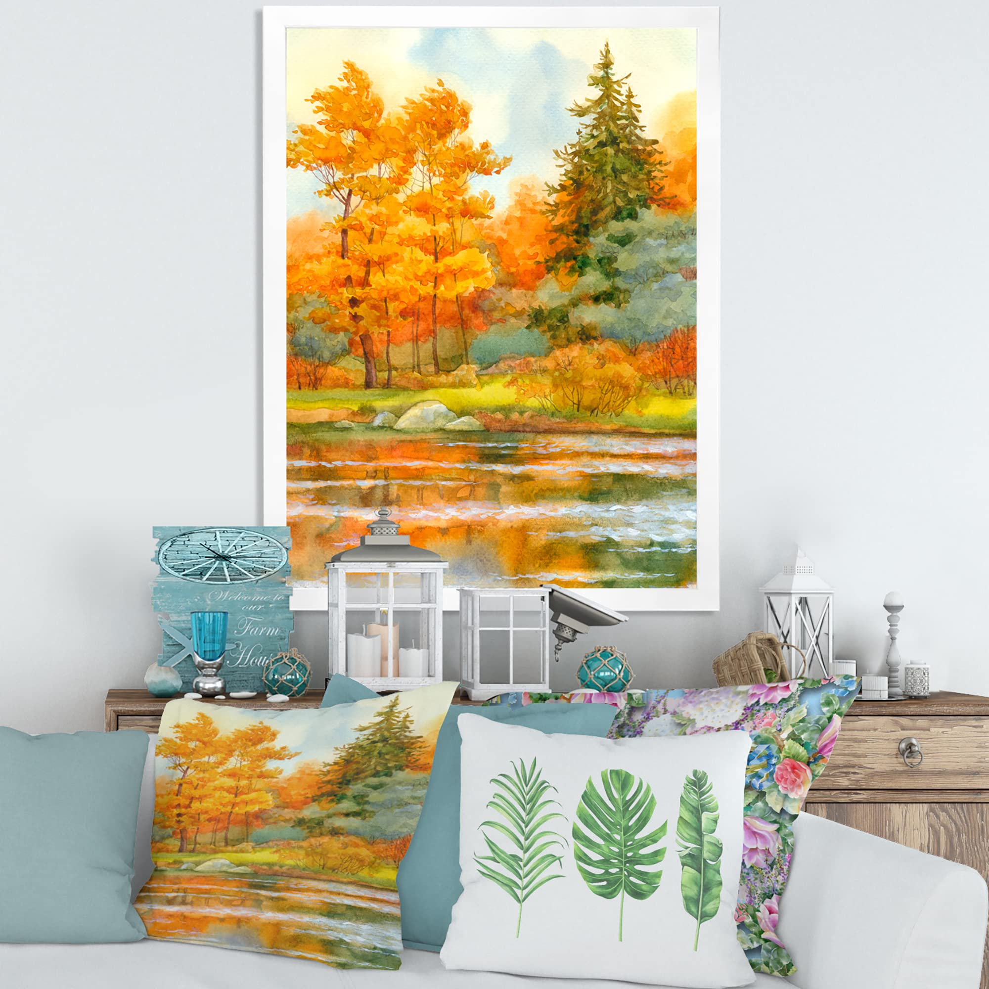 DesignQ Autumn Forest Lakeside Landscape Framed Wall Art - Perfect for Living Room, Bedroom & Office Decor