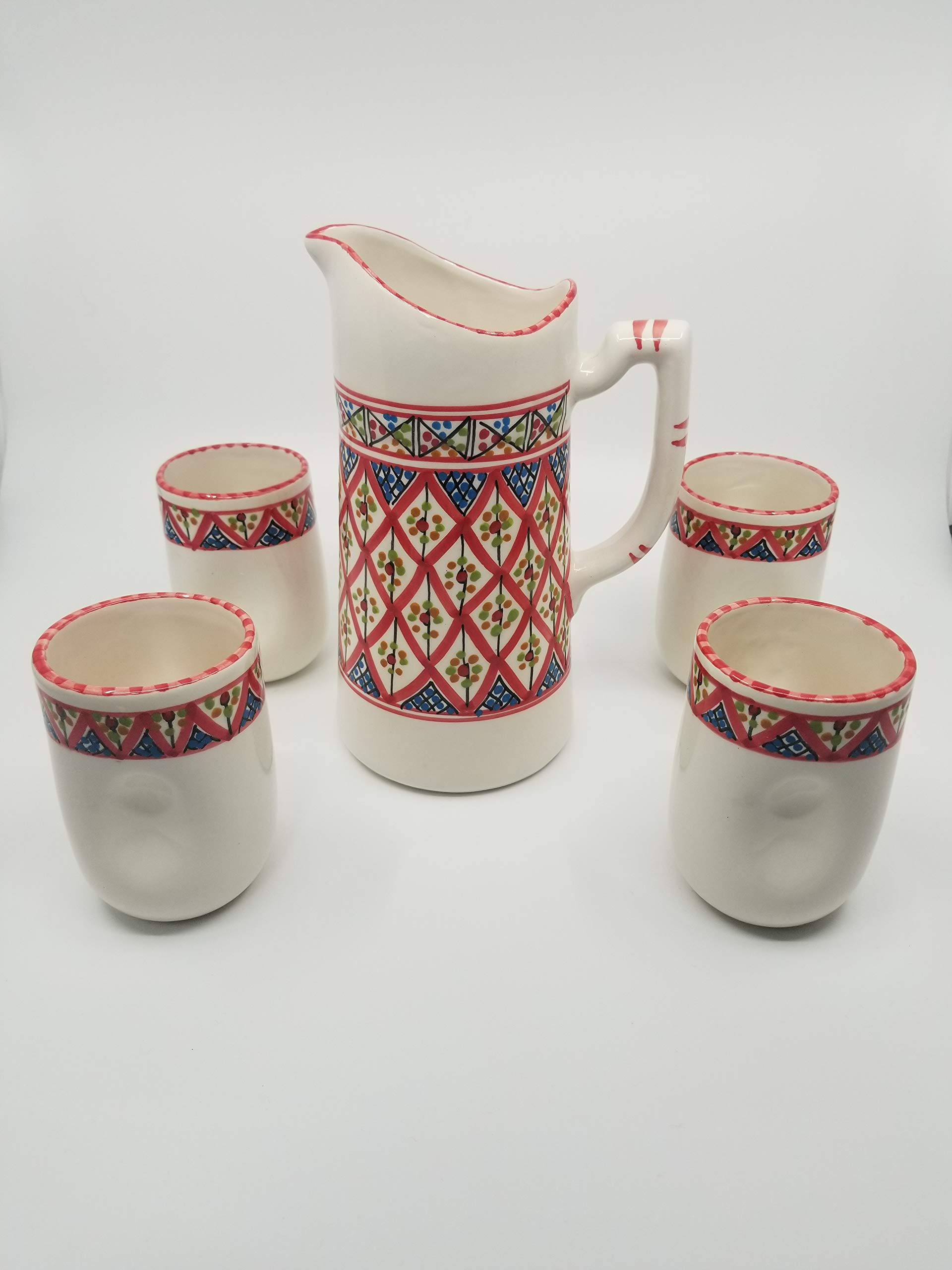 Handmade Moroccan Ceramic Coffee Mug and Pitcher Set - Red Kamsah Porcelain Tea Pot & Juice Jug - Perfect for Coffee, Tea, and Beverage Serving at Home or Cafe