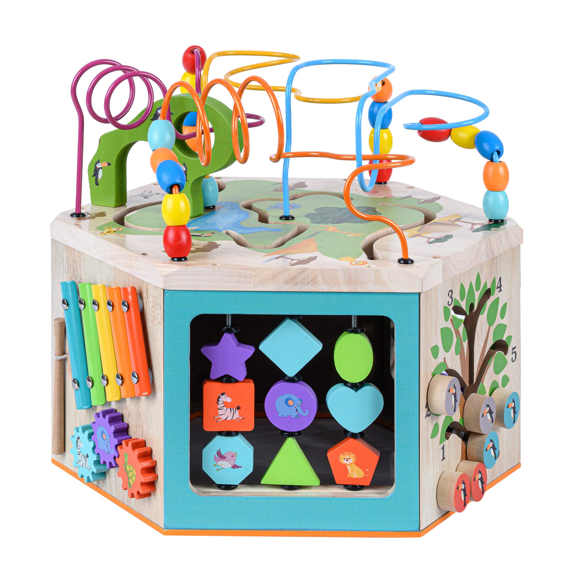 Teamson Kids Preschool Play Lab 7-in-1 Large Wooden Activity Cube - Bead Maze, Counting Toys & Learning Station for Toddlers & Babies (Natural Wood) - Perfect for Early Childhood Development & Montessori Playrooms