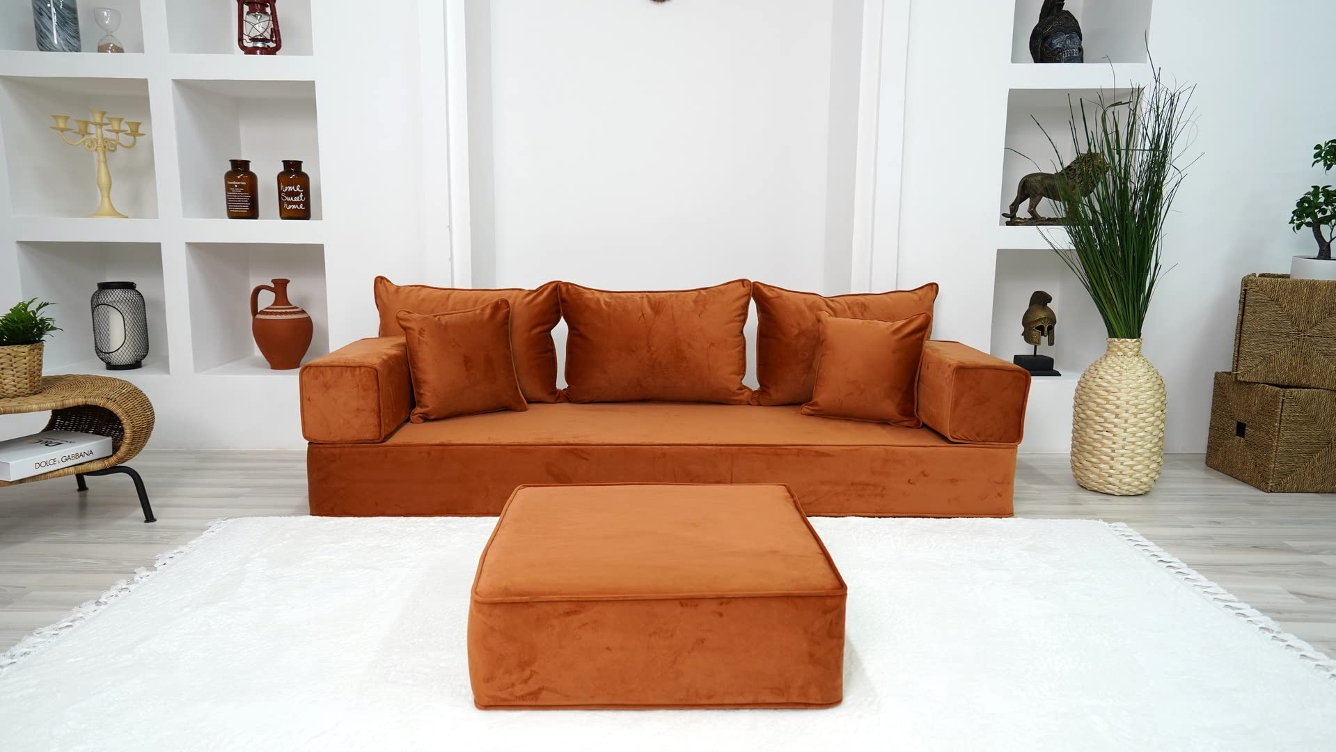 Luxury Velvet Modular Sectional Sofa Set with Ottoman - Premium Amber Floor Seating Couch, Loveseat & Pallet Cushions for Modern Living Room, Lounge & Meditation Space