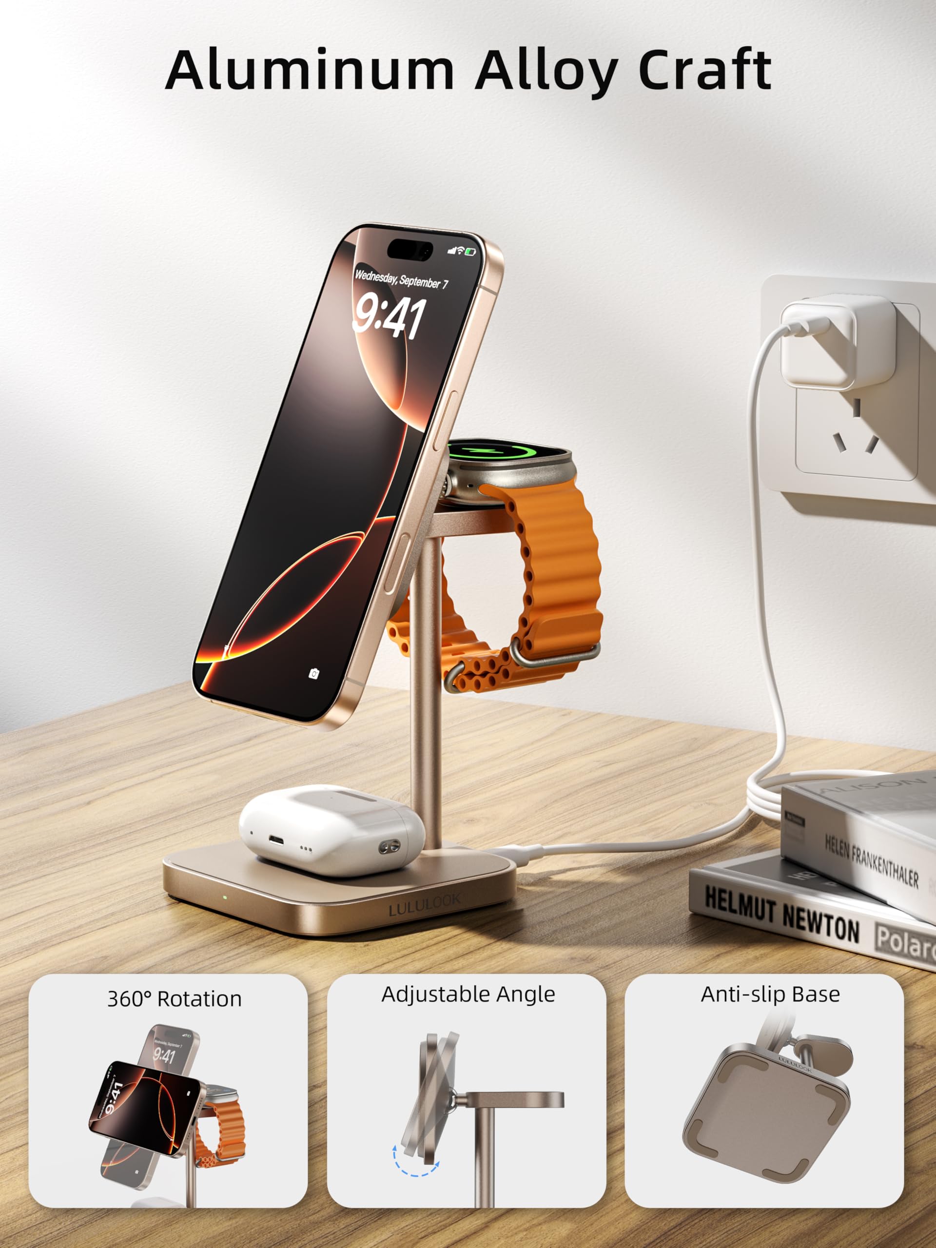 LULULOOK Qi2 Certified 3-in-1 Wireless Charging Station | 15W Fast MagSafe Charger for iPhone 15/14/13 | Compatible with Apple Watch & AirPods | Aluminum Stand with 30W USB-C Adapter (Desert Gold) | Perfect for Home, Office & Nightstand Charging