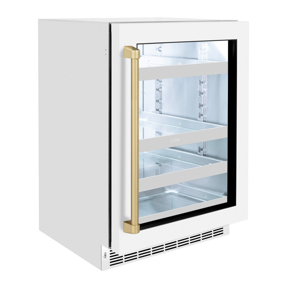 ZLINE Autograph Edition 24 Inch Touchstone 151 Can Beverage Refrigerator - White Matte Glass Door with Champagne Bronze Handle - Compact Mini Fridge for Home, Office, Bar, or Man Cave (RBSOZ WM 24 CB)