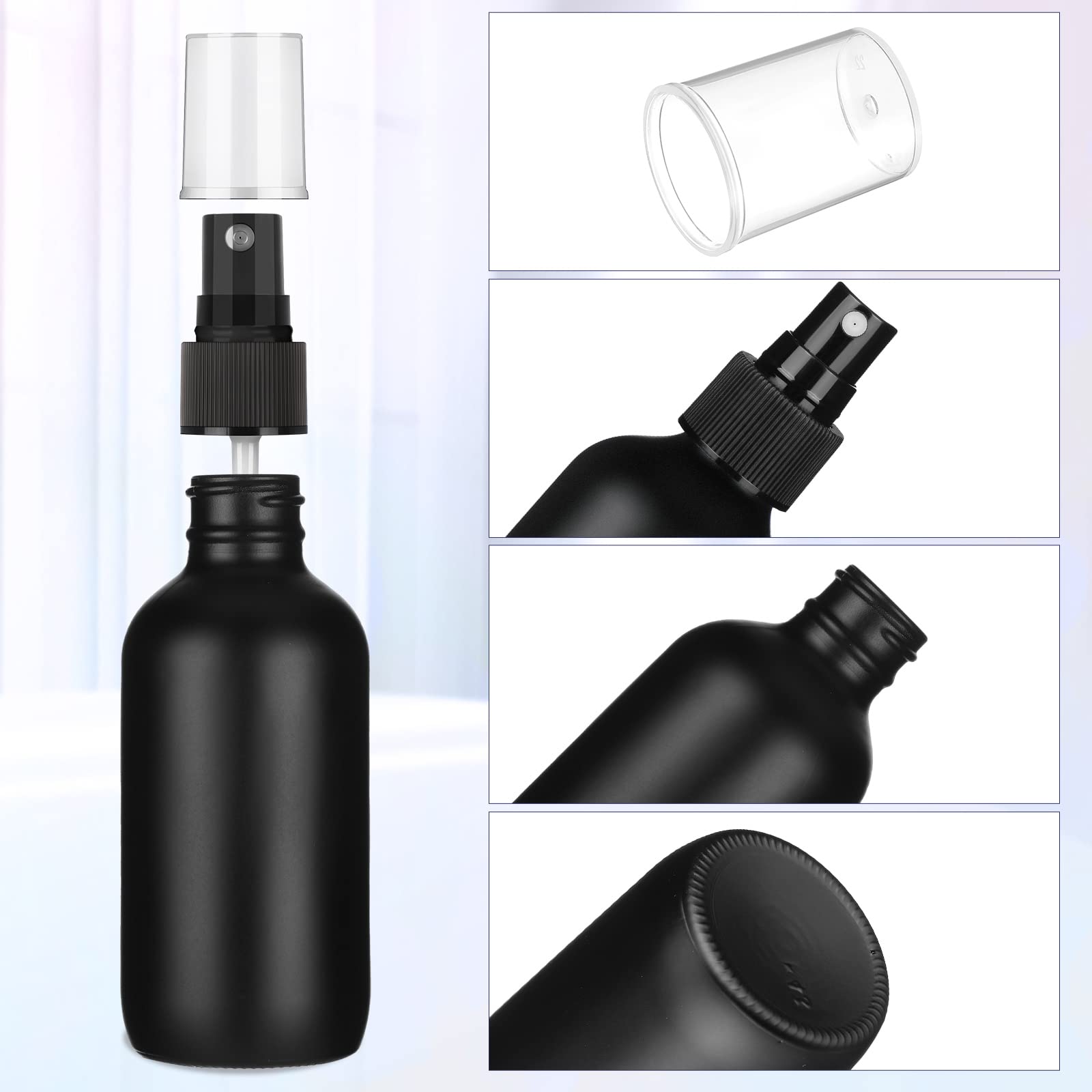 100 Pcs 4 oz Mini Glass Spray Bottles - Empty Small Essential Oil Bottles with Fine Mist Nozzle, 3 Funnels, 5 Droppers & Cleaning Brush - Perfect for Hair Care, Travel, Plants, Perfumes & DIY Beauty Products (Black)