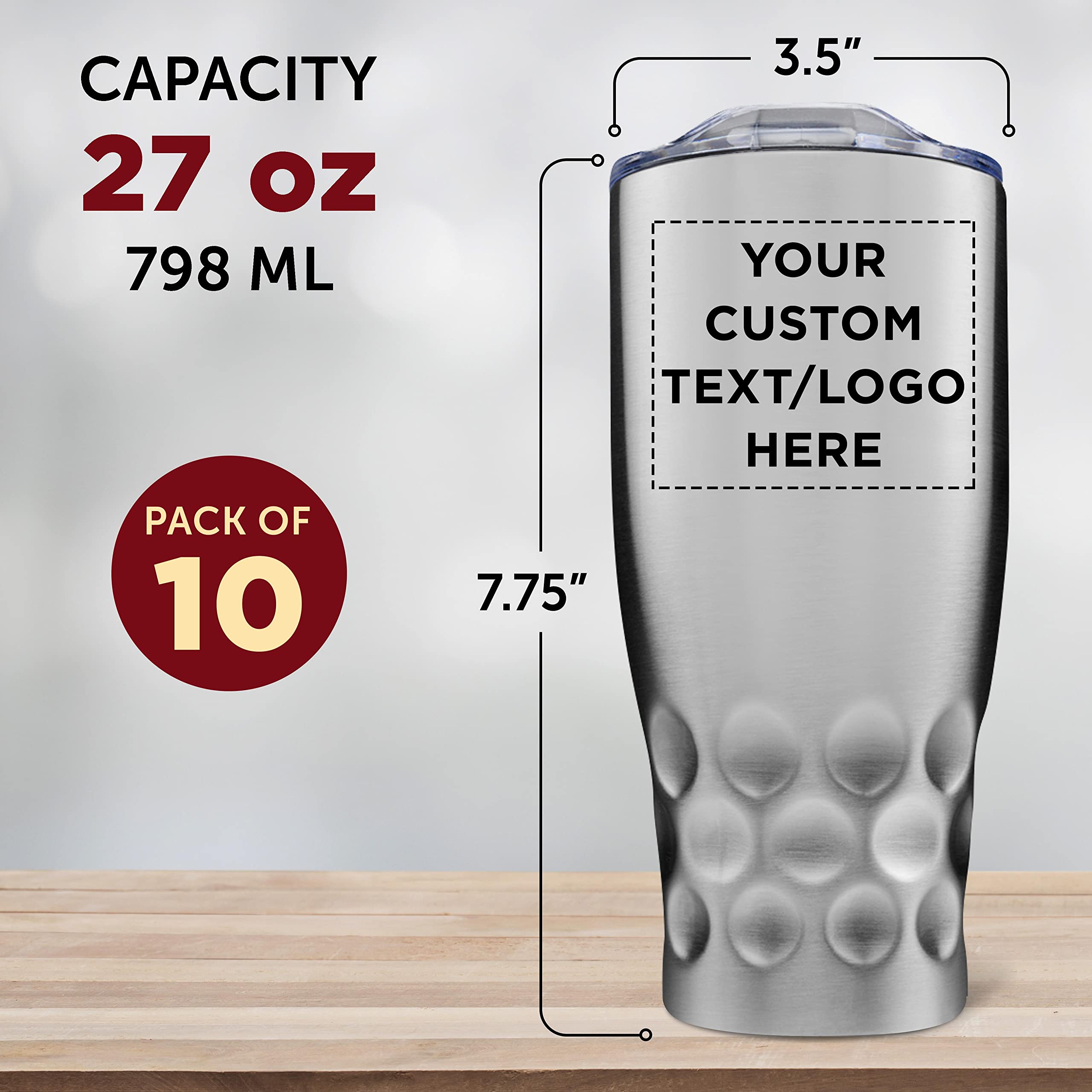 Custom Stainless Steel Tumblers 27 oz (Set of 10) - Double Wall Insulated Personalized Bulk Pack - Keeps Hot & Cold Beverages Perfect Temperature - Ideal for Coffee, Iced Tea, Smoothies, Office, Camping & Outdoor Activities - Silver