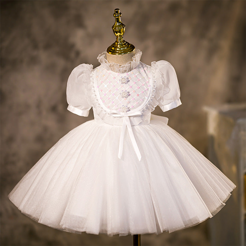 White Princess Tea Length Flower Girl Dress with Lantern Sleeves - Elegant Flower Girl Outfit for Weddings, Parties & Special Occasions