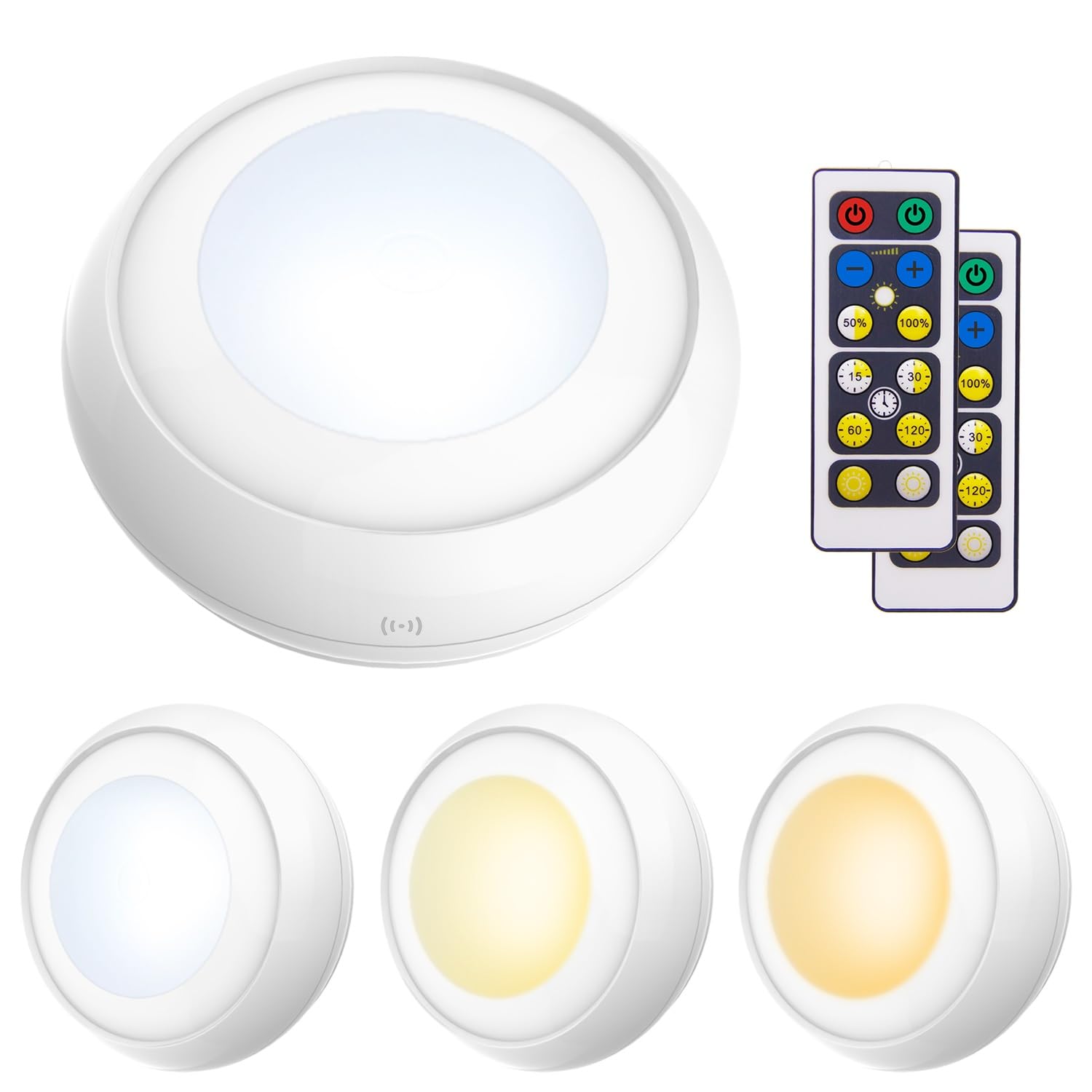 LUXSWAY 4Pack Battery Powered Push Lights - Wireless Dimmable Puck Lights with Remote Control, Nature/Warm/Cool Light for Under Cabinet, Closet, Stair & Home Decor (Timer ON/OFF) - Perfect for Bedroom, Kitchen, Garage & Nighttime Safety