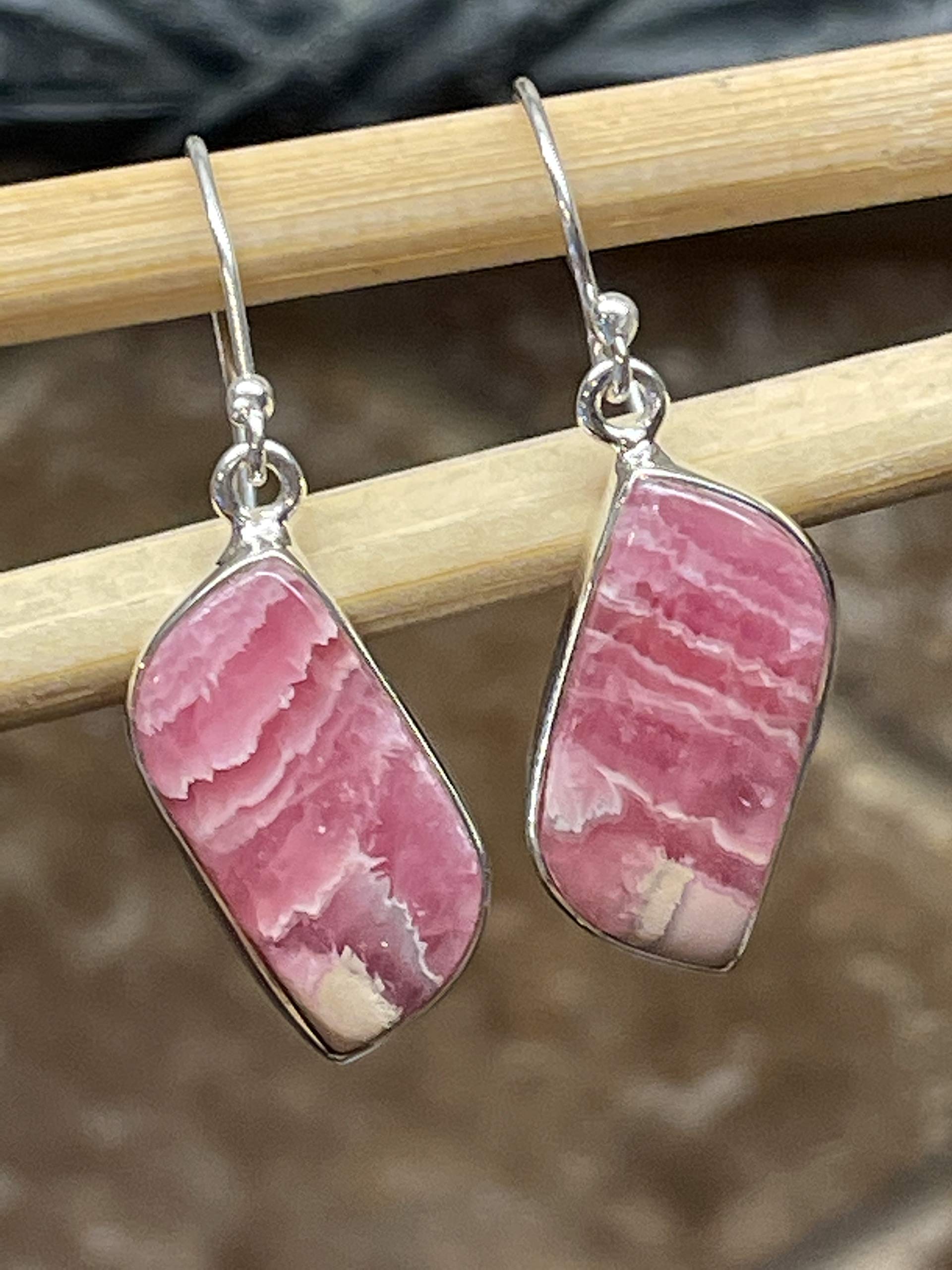 Natural Pink Rhodochrosite 925 Sterling Silver Earrings - 35mm Dangle Earrings for Women, Handmade Gemstone Jewelry Gift for Her - Perfect for Weddings, Parties & Special Occasions