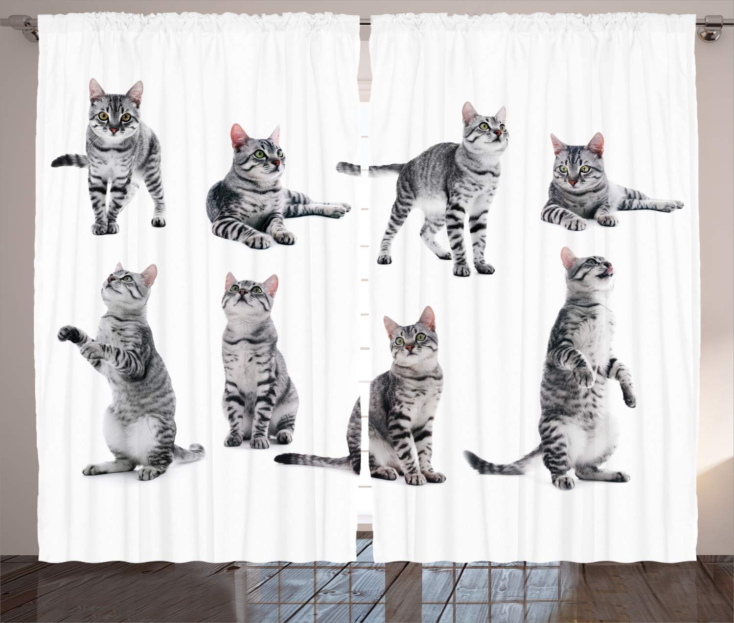 Ambesonne Cat Curtains - Playful Striped Kitten Art Print Window Drapes, 2 Panel Set for Living Room & Bedroom, 108