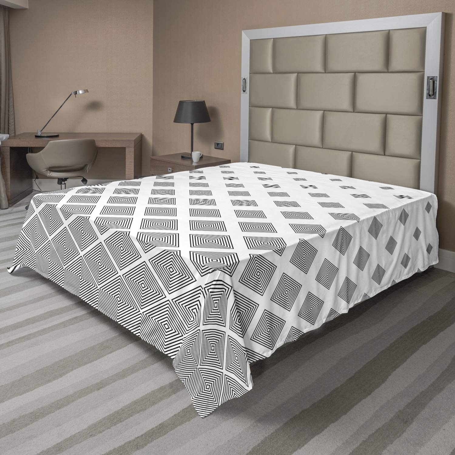 Ambesonne Geometric Queen Size Flat Sheet - Monochrome Black & White Abstract Squares Print, Soft & Comfortable Bedding for Modern Home Decor | Perfect for Guest Rooms, Dorms & Minimalist Bedrooms