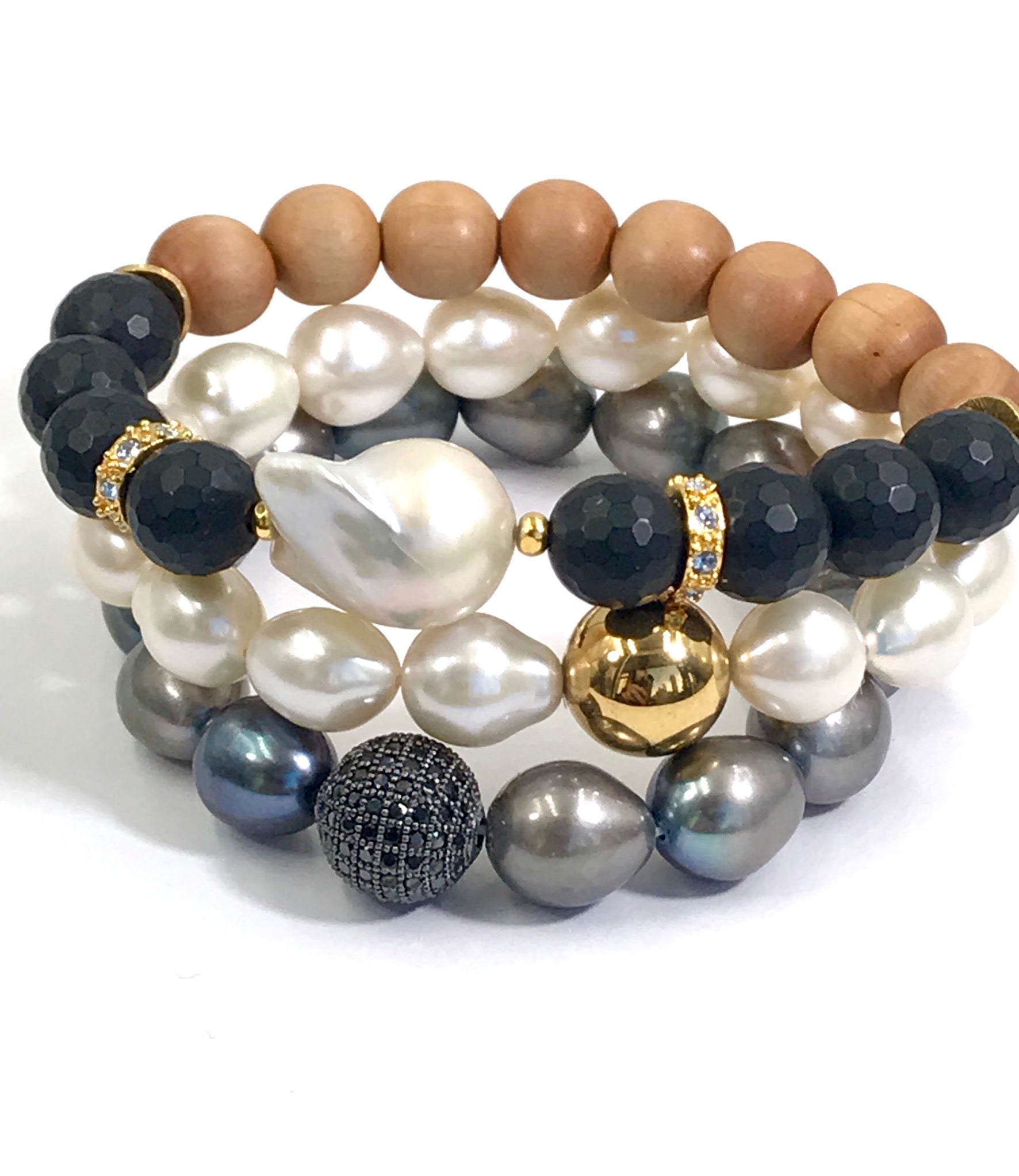 Elegant Pearl, Black Onyx & Sandalwood Stackable Bracelet with Diamond Accents - Perfect for Layering, Gift Giving & Everyday Wear