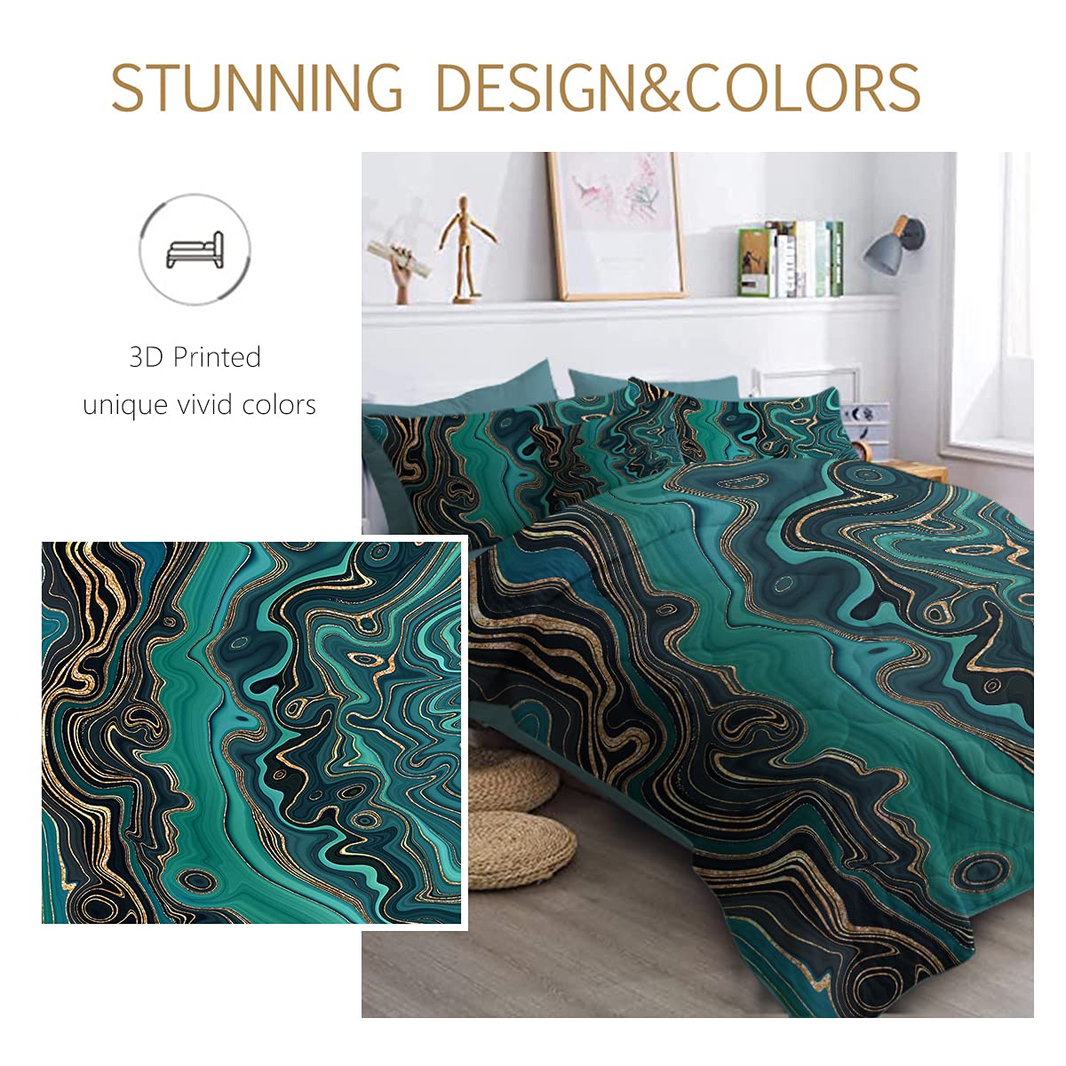 BlessLiving Modern King Comforter Set - 8 Piece Green Marble Bed in a Bag with Comforter & Sheets | All Season Down Alternative Bedding for Adults, Women & Men | Perfect for Master Bedroom, Guest Room & Dorm Decor