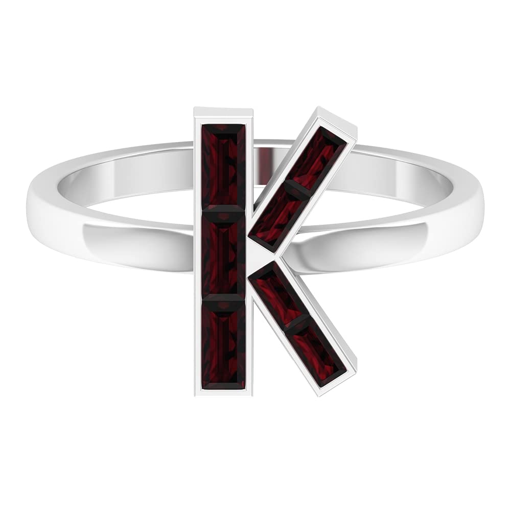 14K White Gold Garnet Initial Rings A-Z | Personalized Alphabet Letter Rings with Baguette Garnets | Channel Set Birthstone Jewelry for Women | Perfect Gift for Birthday, Anniversary & Graduation