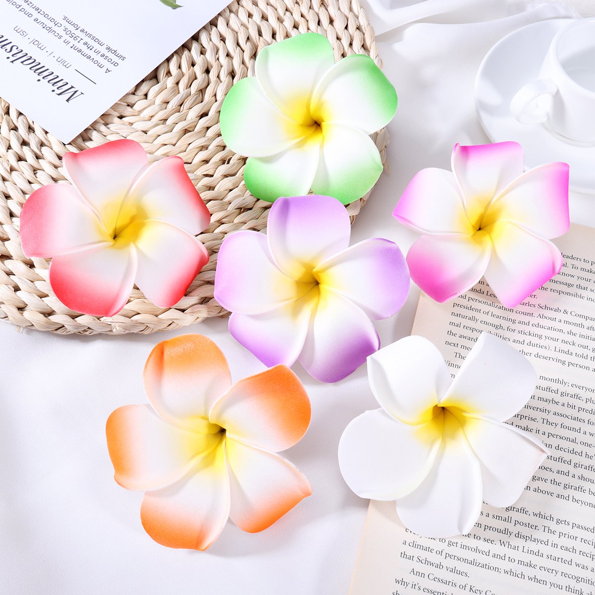 FRCOLOR 12 Pack 3.5 Inch Hawaiian Plumeria Flower Hair Clips - Soft Foam Hair Accessories for Women, Ladies & Girls - Perfect for Beach Parties, Weddings, Tropical Events & Summer Vacation Styling