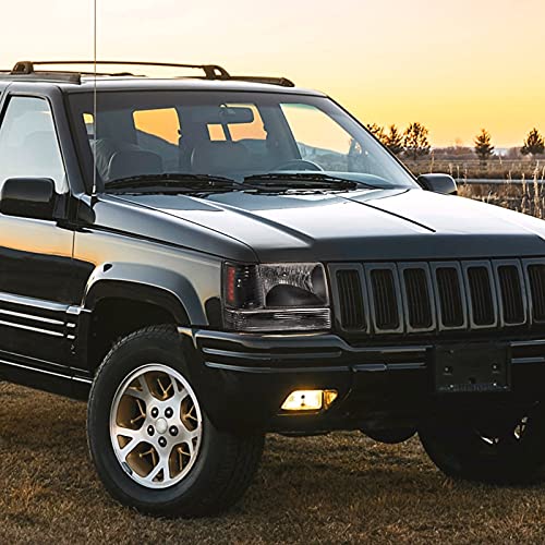 Spec-D Tuning Black Housing Clear Lens Headlights + Bumper Lights + Corner Lamps for 1993-1996 Jeep Grand Cherokee - Left & Right Pair Headlight Assembly - Off-Road & Night Driving Upgrade