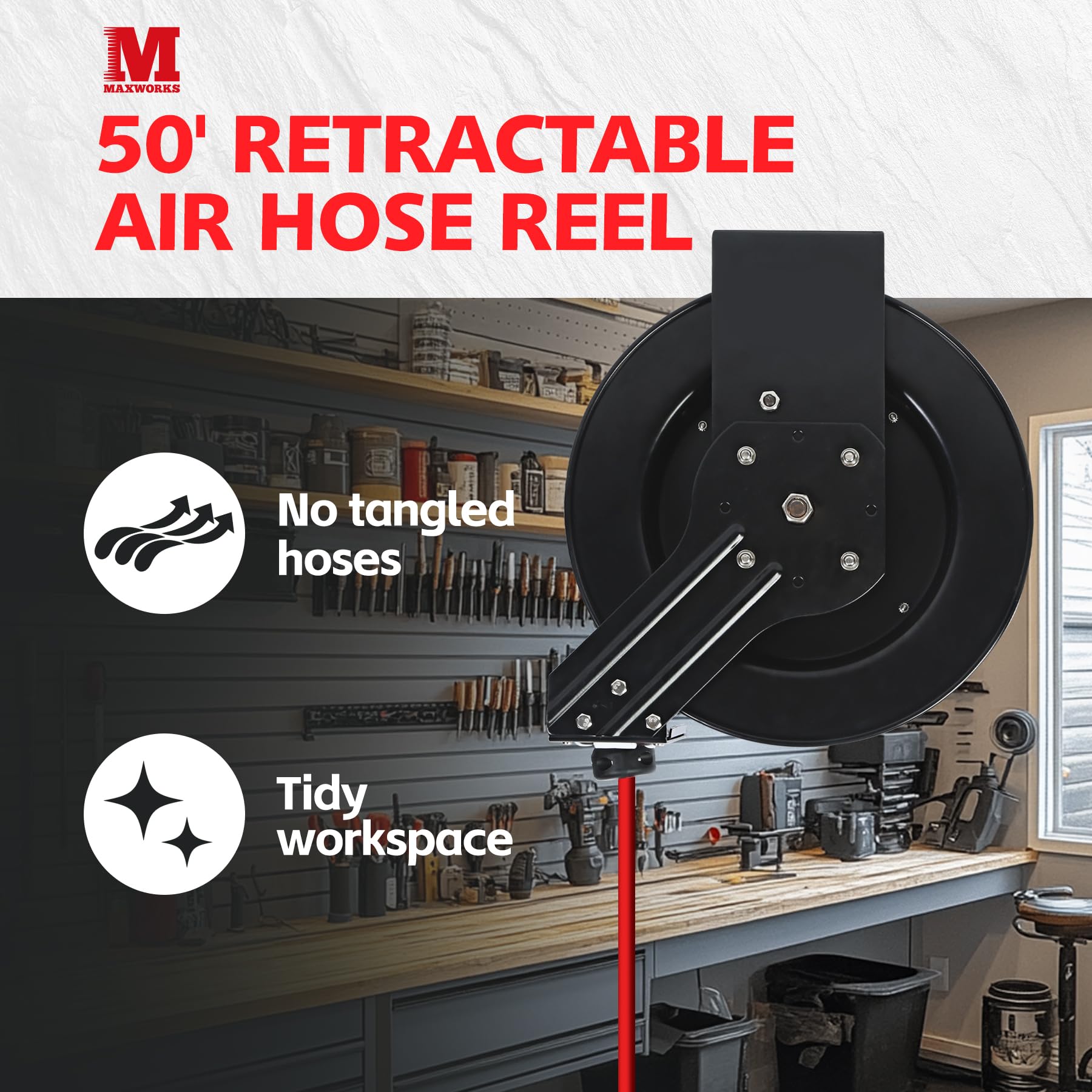 MaxWorks 80720 50ft Auto Rewind Retractable Air Hose Reel with 3/8