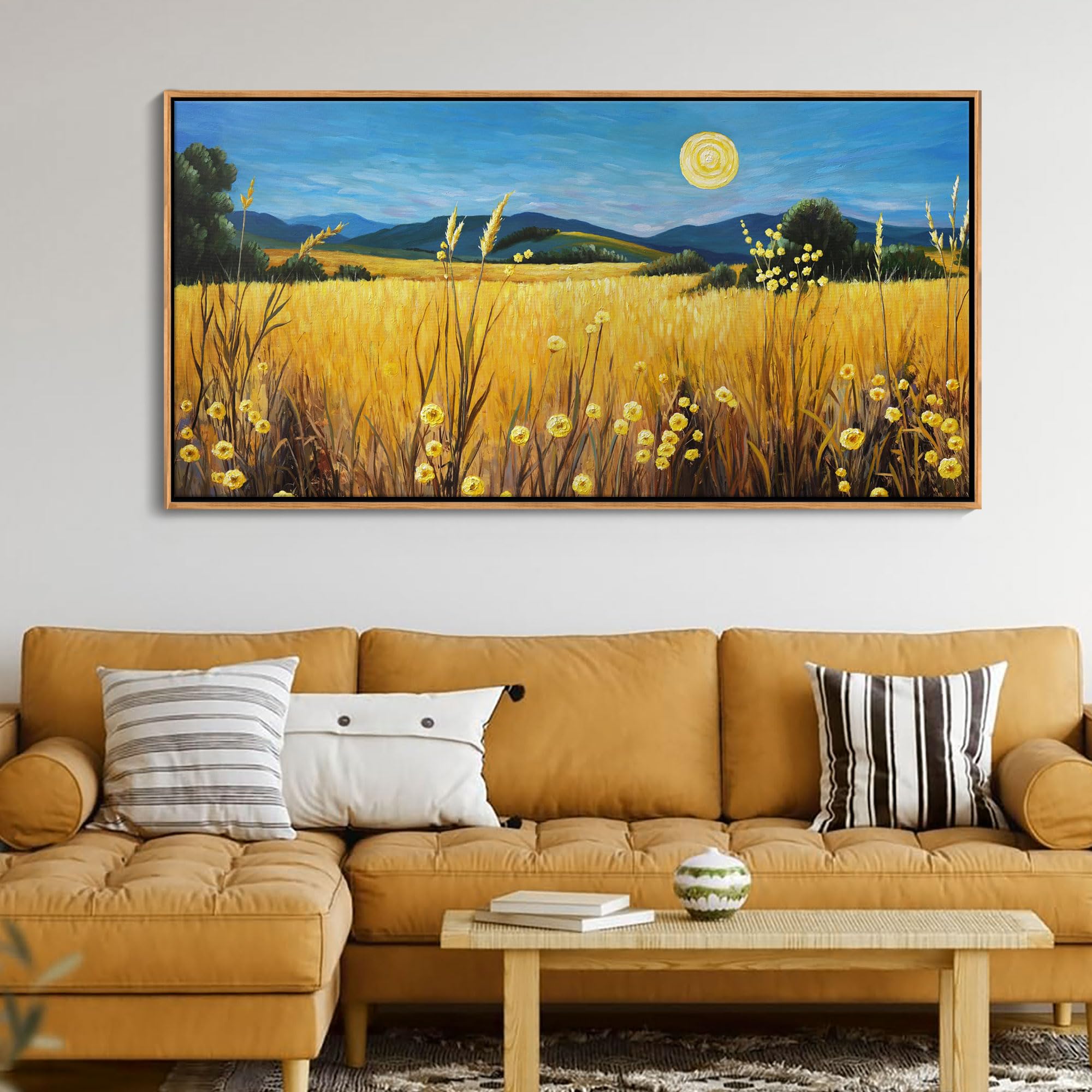 Large Yellow Moon Framed Canvas Wall Art - 29x58 Inch Nature Landscape Painting for Living Room, Bedroom, Office & Dining Room Decor | Fall-Themed Home & Commercial Wall Decor